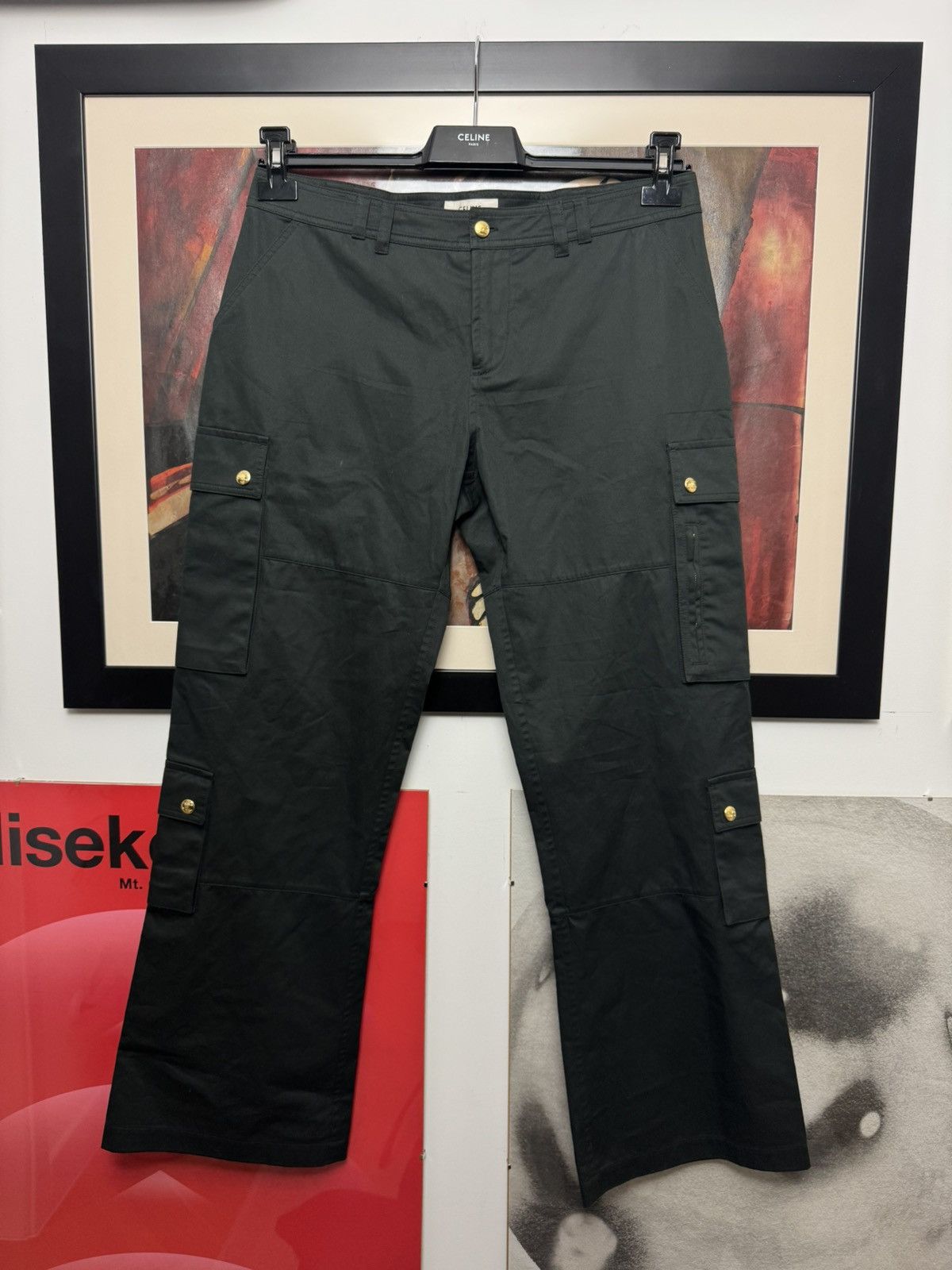 Celine × Hedi Slimane Celine Hedi Slimane Black Gold Triomphe Logo Cargo Pant Rare Size US 33 - 1 Thumbnail
