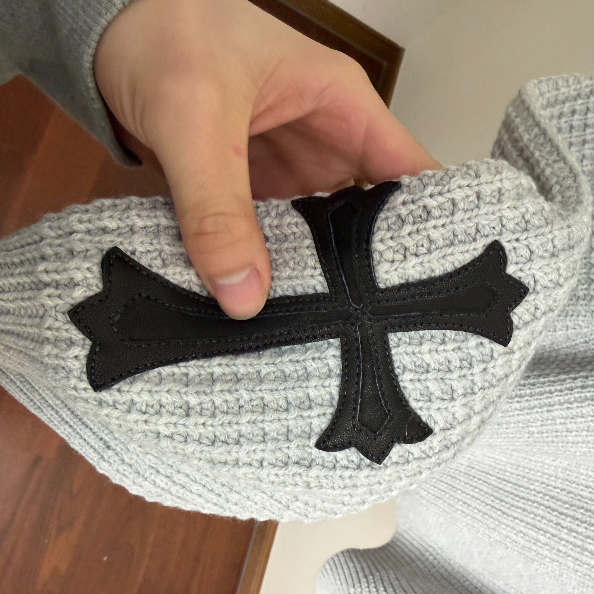 Chrome Hearts Chrome Hearts Gray Cashmere Leather Cross Patch Hoodie Size US L / EU 52-54 / 3 - 5 Thumbnail