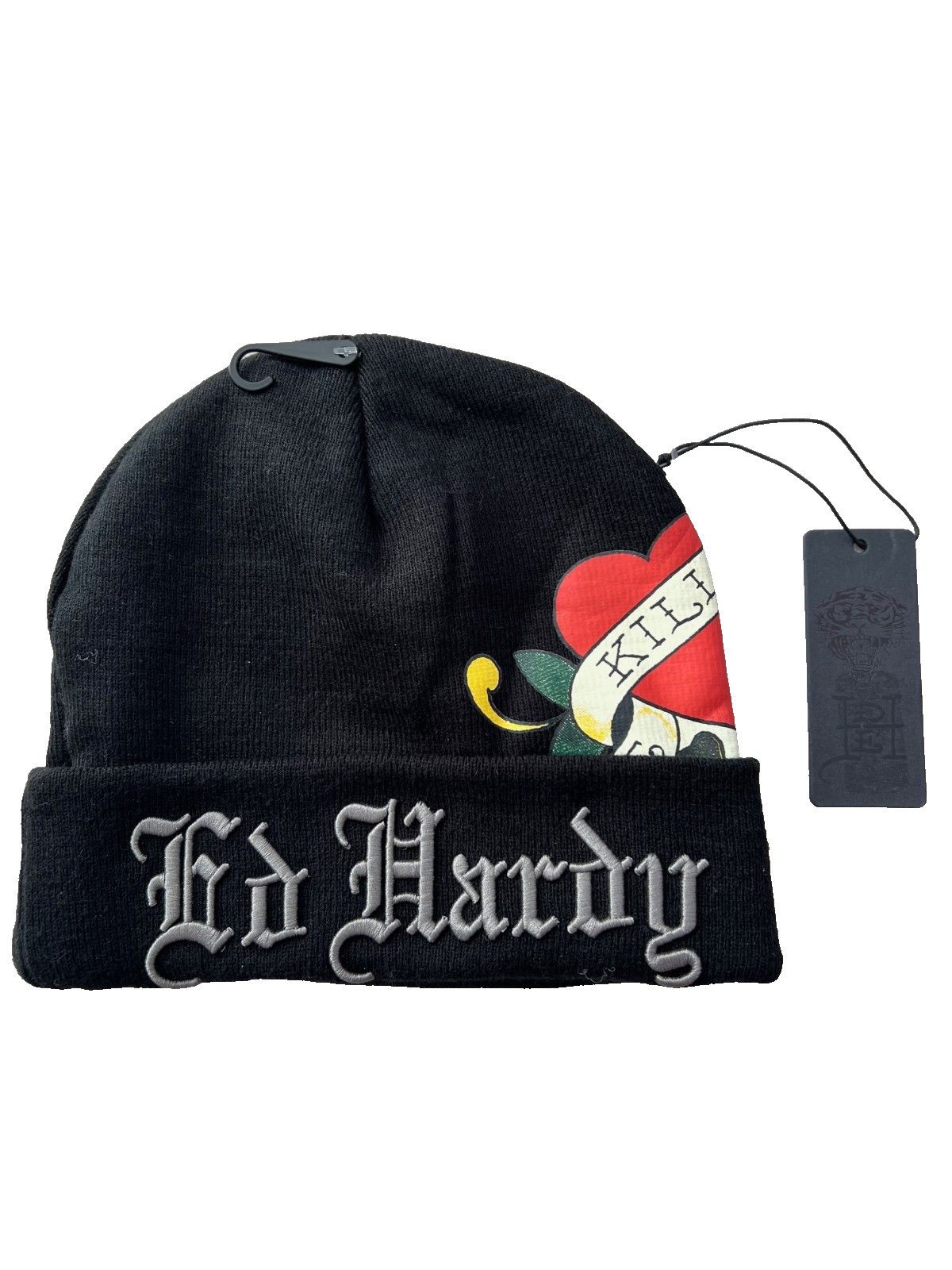 Ed Hardy Ed Hardy Knit Cuff Beanie Hat Skull Love Heart Black Size ONE SIZE - 1 Thumbnail