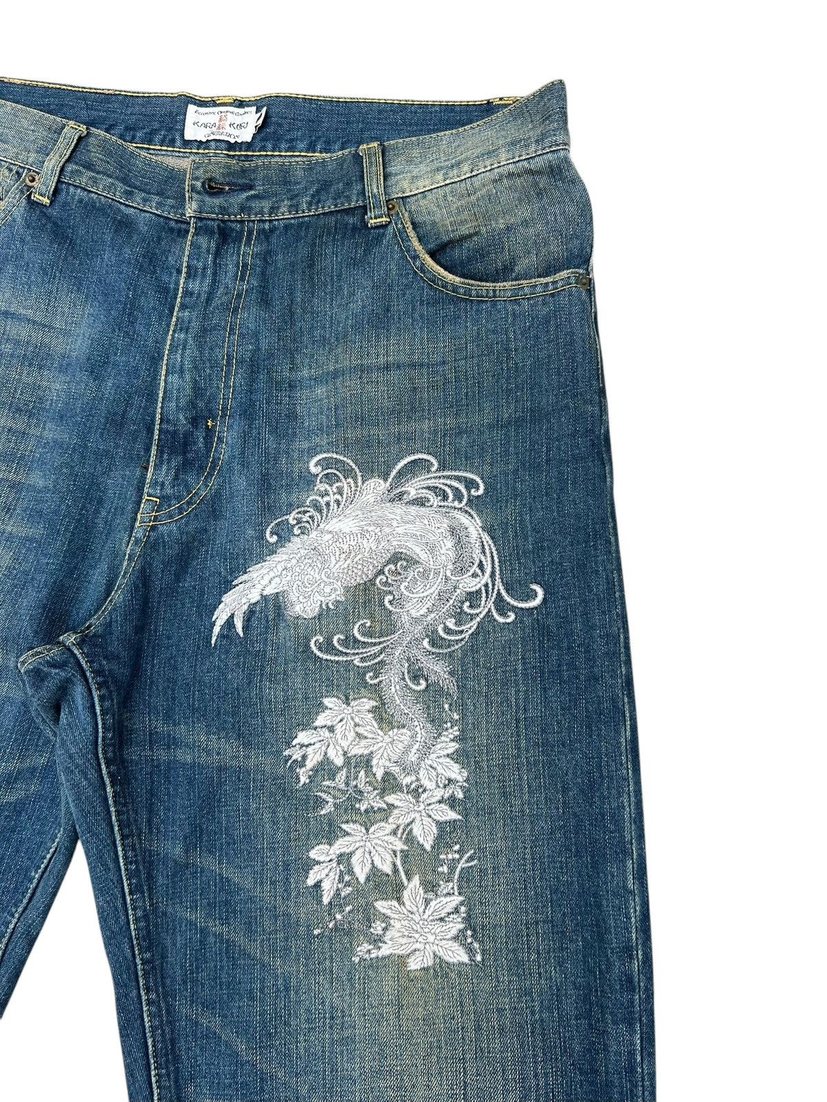 Vintage Dirty Mud Karakuri Embroidery Dragon Phoenix Denim Jeans Size US 35 - 9 Thumbnail