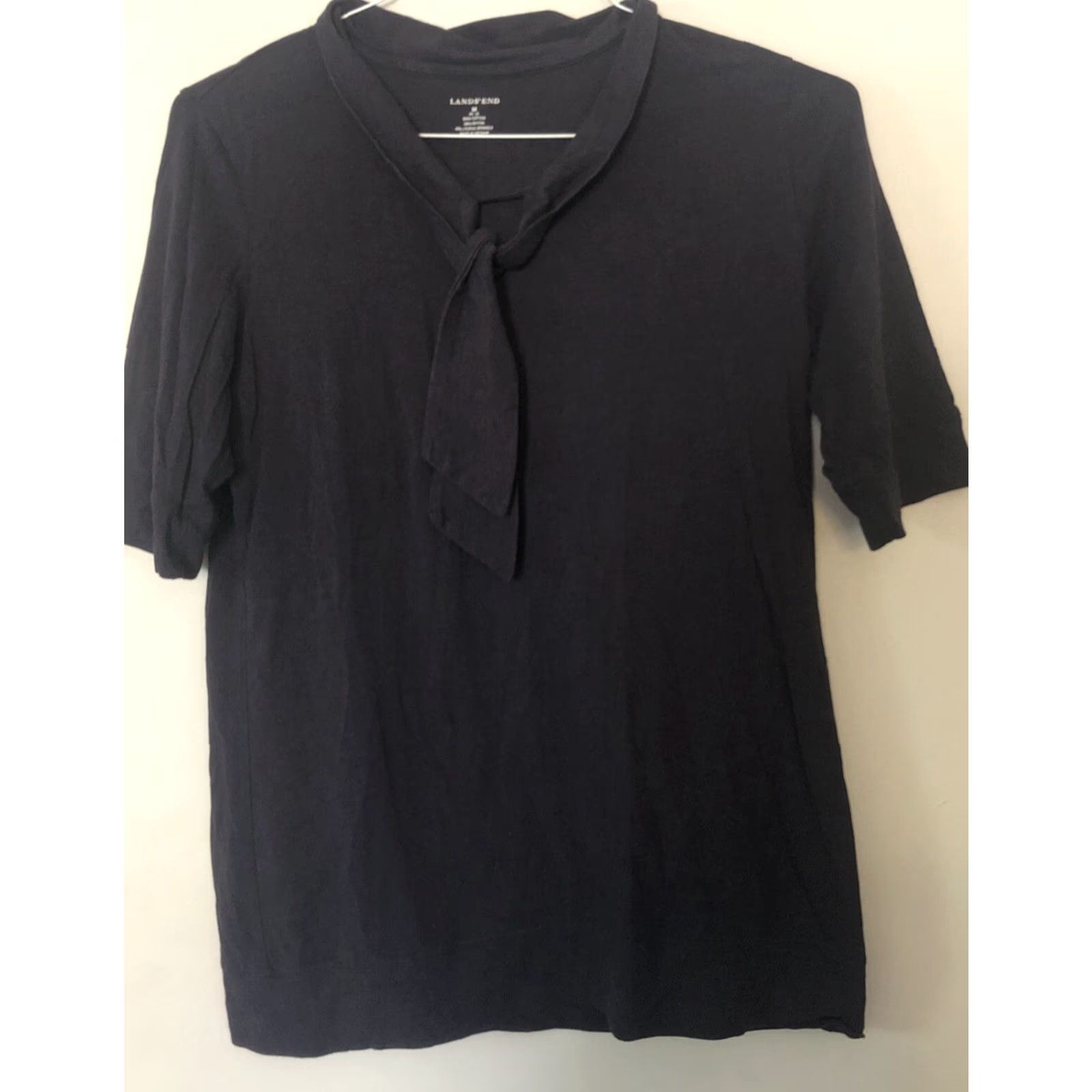 Lands' End Lands' End Womens Short Sleeve T-Shirt Navy Blue Round Neck Tie Front Classic Breathable Cotton Knit M Cap Sleeve Short Sleeve Size M / US 6-8 / IT 42-44 - 2 Thumbnail