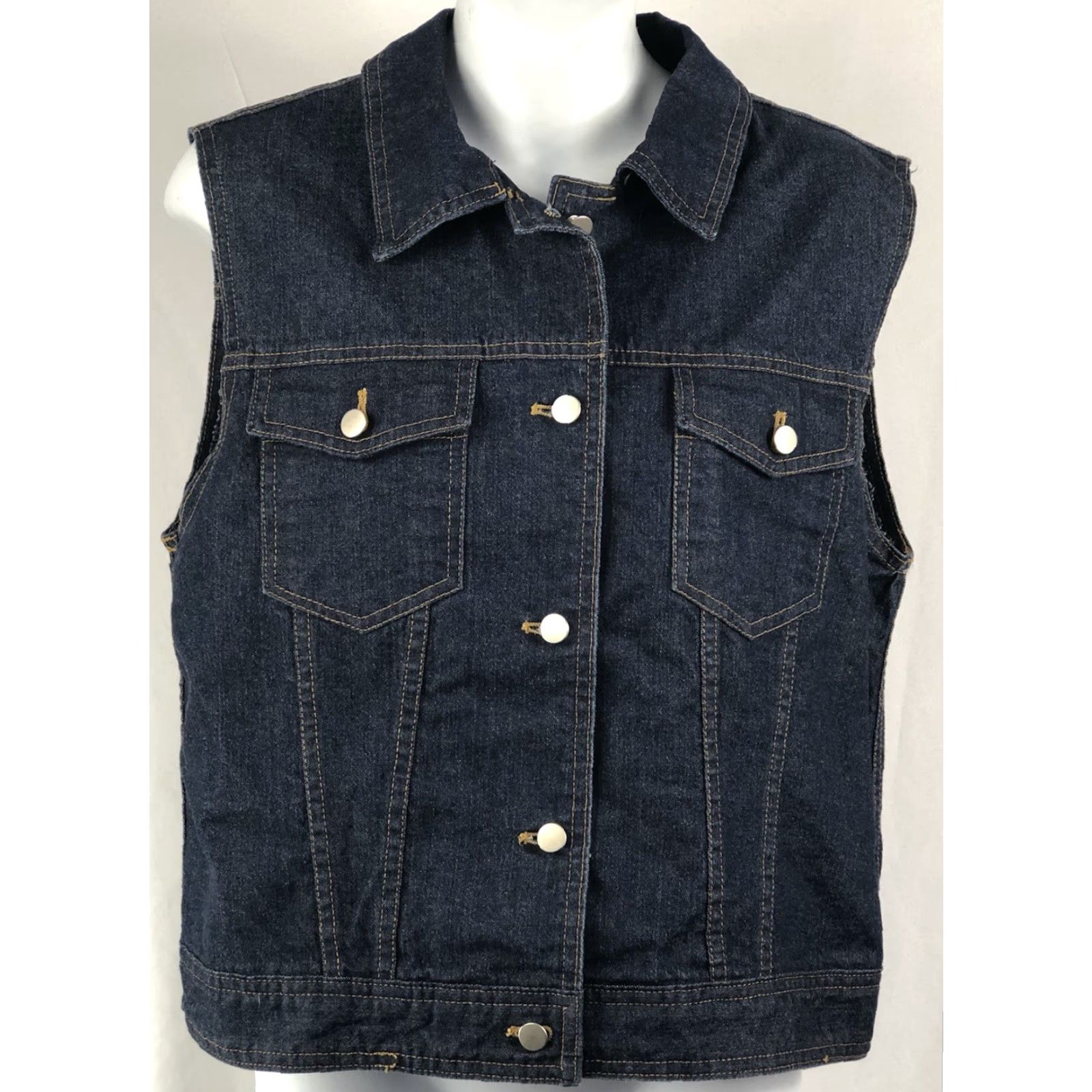 Denime VINTAGE Valerie Stevens Sleeveless Jean Vest Jacket M Blue Denim Button Front Collared Women’s Grunge Biker City Retro Y2K Size 32" / US 10 / IT 46 - 6 Thumbnail