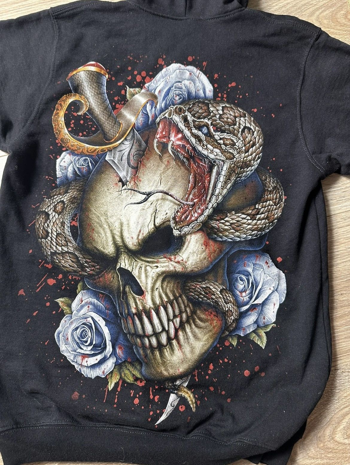 image of Vintage Skull/snake Tattoo Zip Up in Black, Men's (Size Small)