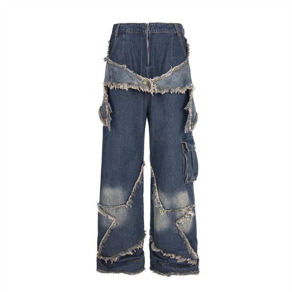 Men's raw edge distressed washed loose star patch jeans