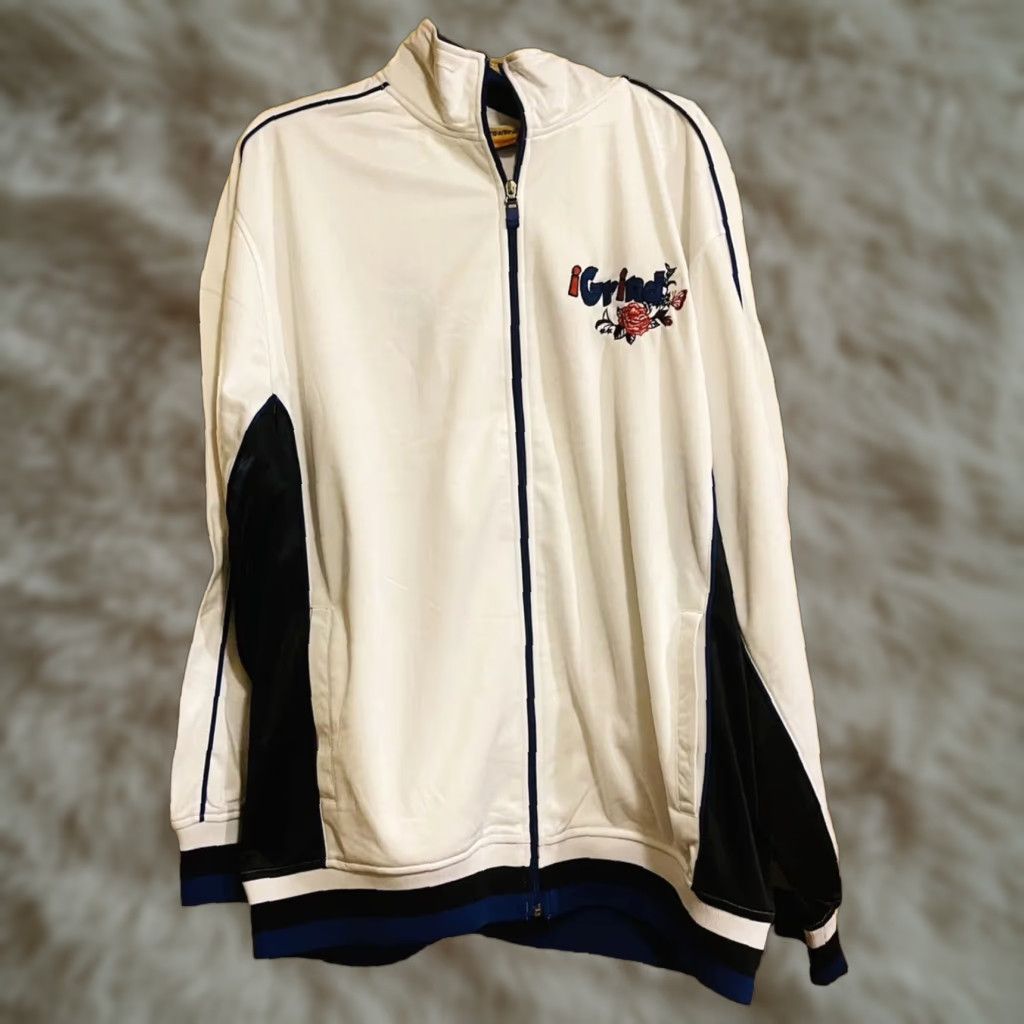 VINTAGE Regal Wear I Grind Track Jacket Embroidered Coat White 3XL Unisex Adults Big & Tall Cotton Polyester Zip Stand-Up Collar Lined Quilted Hip Hop
