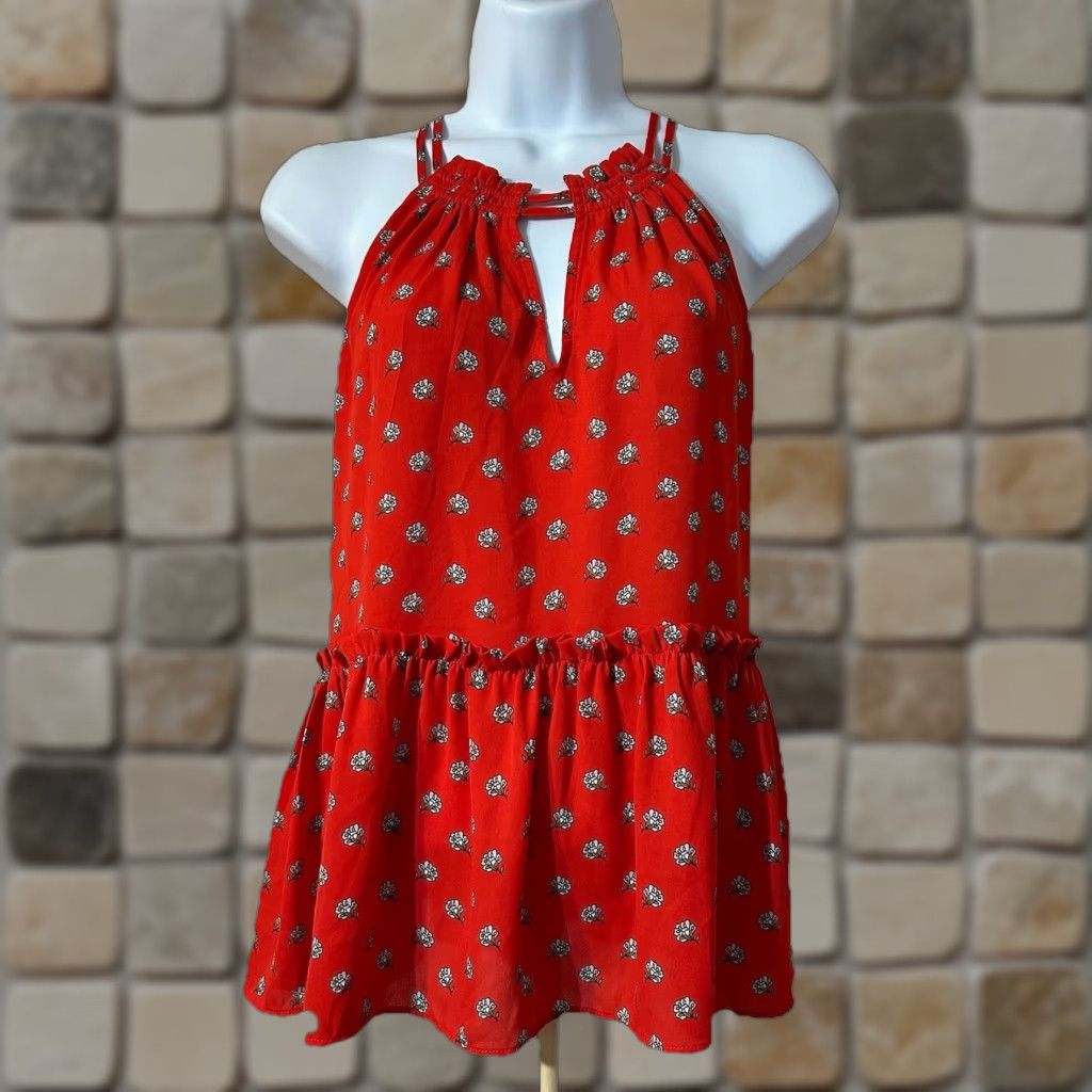 Loft VINTAGE LOFT Peplum Halter Top Blouse XS Red Floral Sleeveless Keyholes Poly Size XS / US 0-2 / IT 36-38 - 1 Thumbnail