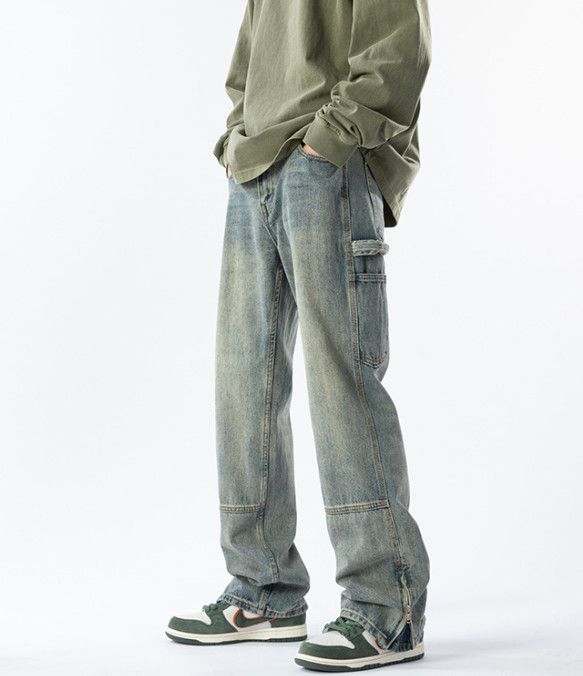 Japanese Brand Men's American Retro Loose Straight Leg Zipper Split Jeans Size US 32 / EU 48 - 3 Thumbnail