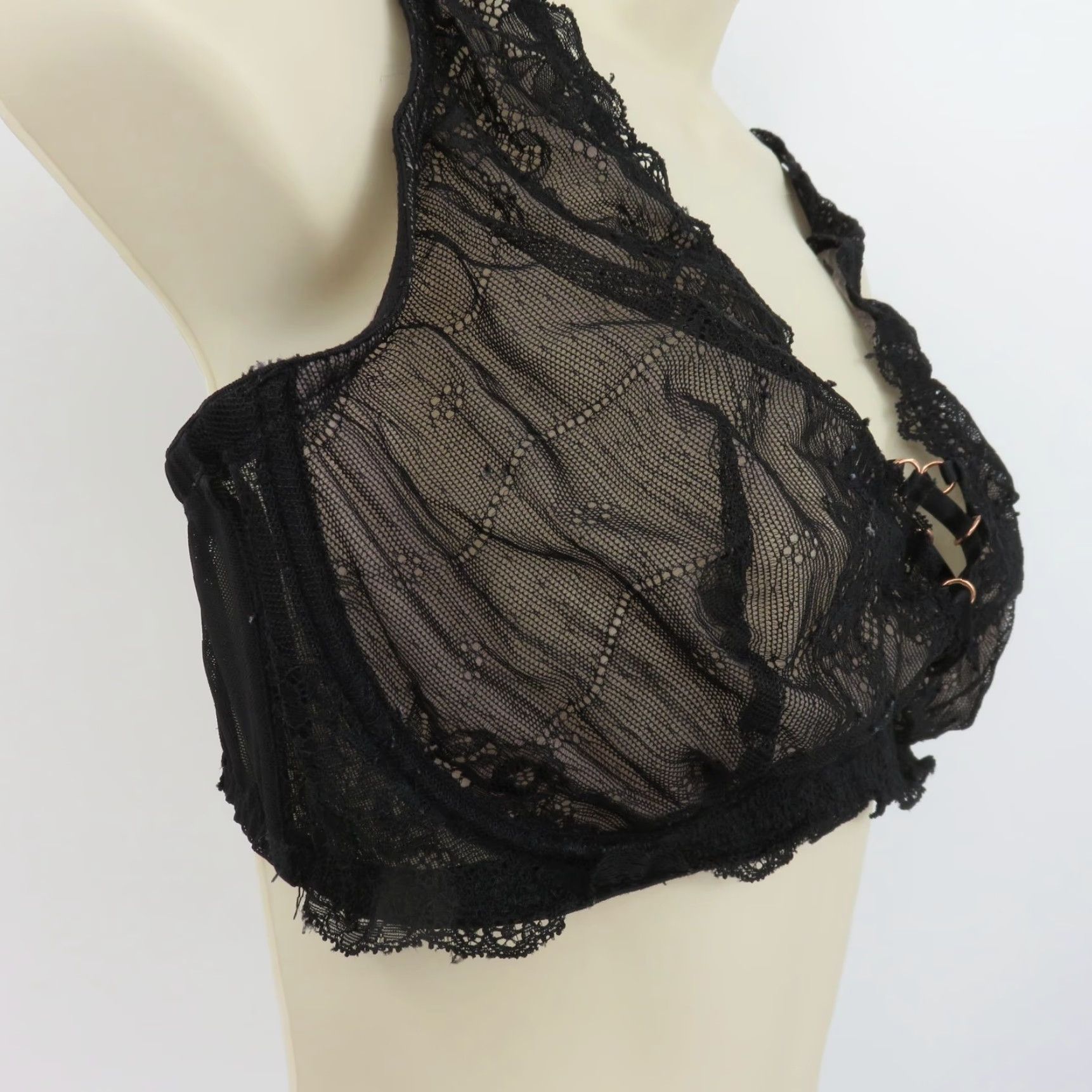 Vintage Smart & Sexy Bra 38D SA1225 Black Floral Flower Lace Underwire Unlined Lace Up Size ONE SIZE - 3 Thumbnail
