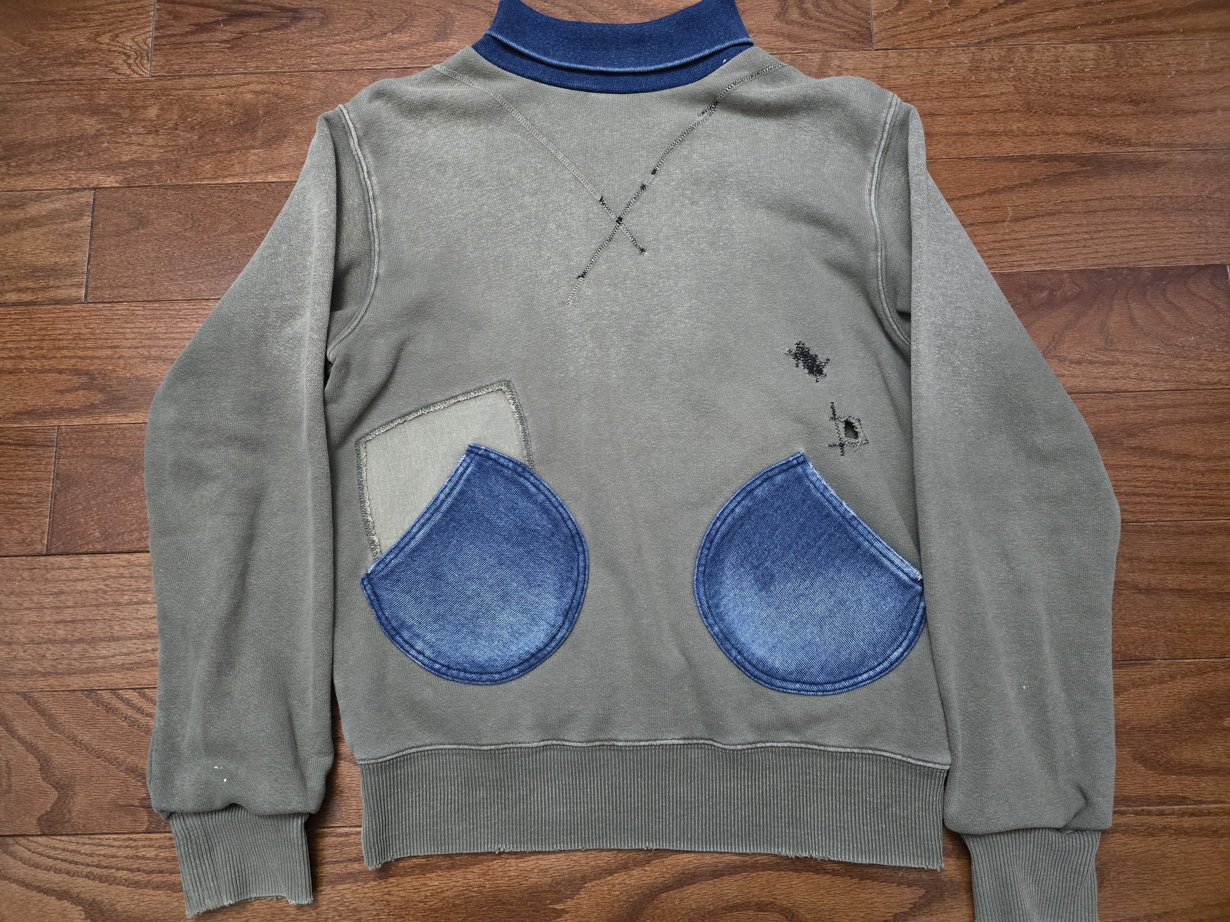 image of Kapital Indigo Dyed Turtle Neck Distressed Sweatshirt in Grey/Indigo, Men's (Size Medium)