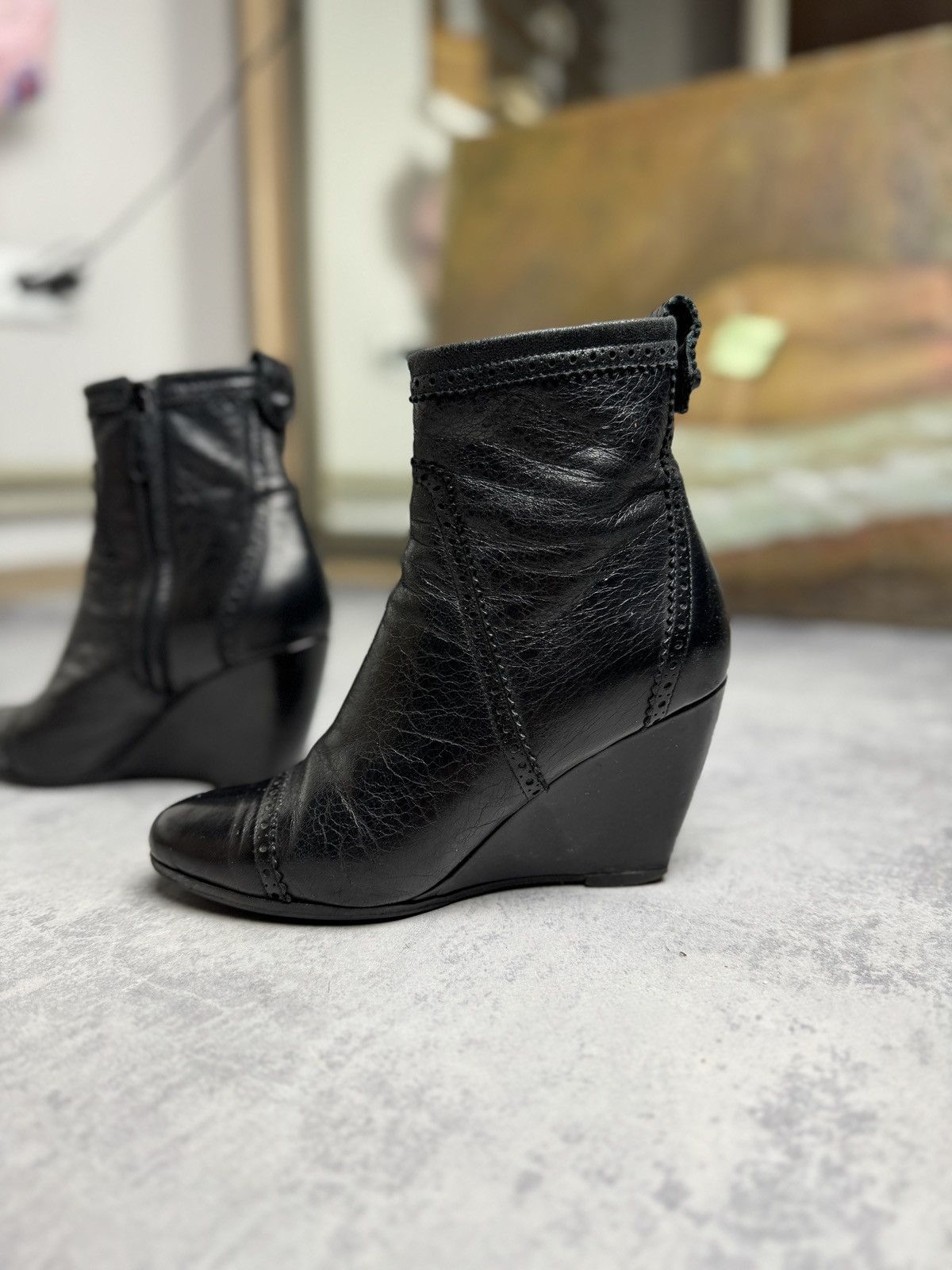 Archival Clothing x Balenciaga Y2K Brogue Leather Wedge Ankle Heel Shoes Boots Bootie in Black, Women's (Size 6)