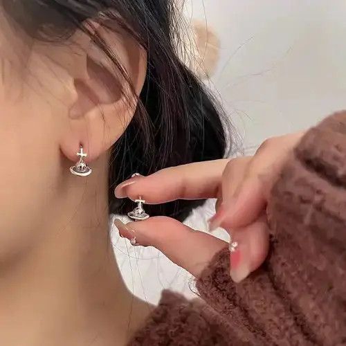 mewt Silver Color Korean Cross Cosmic Planet Saturn Stud Earrings Size ONE SIZE - 1 Thumbnail