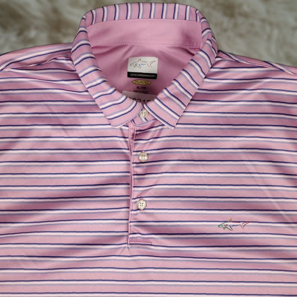 Vintage Greg Norman Polo Shirt Mens XL Pink Striped PlayDry Golf Performance Shark Logo Size US XL / EU 56 / 4 - 1 Thumbnail