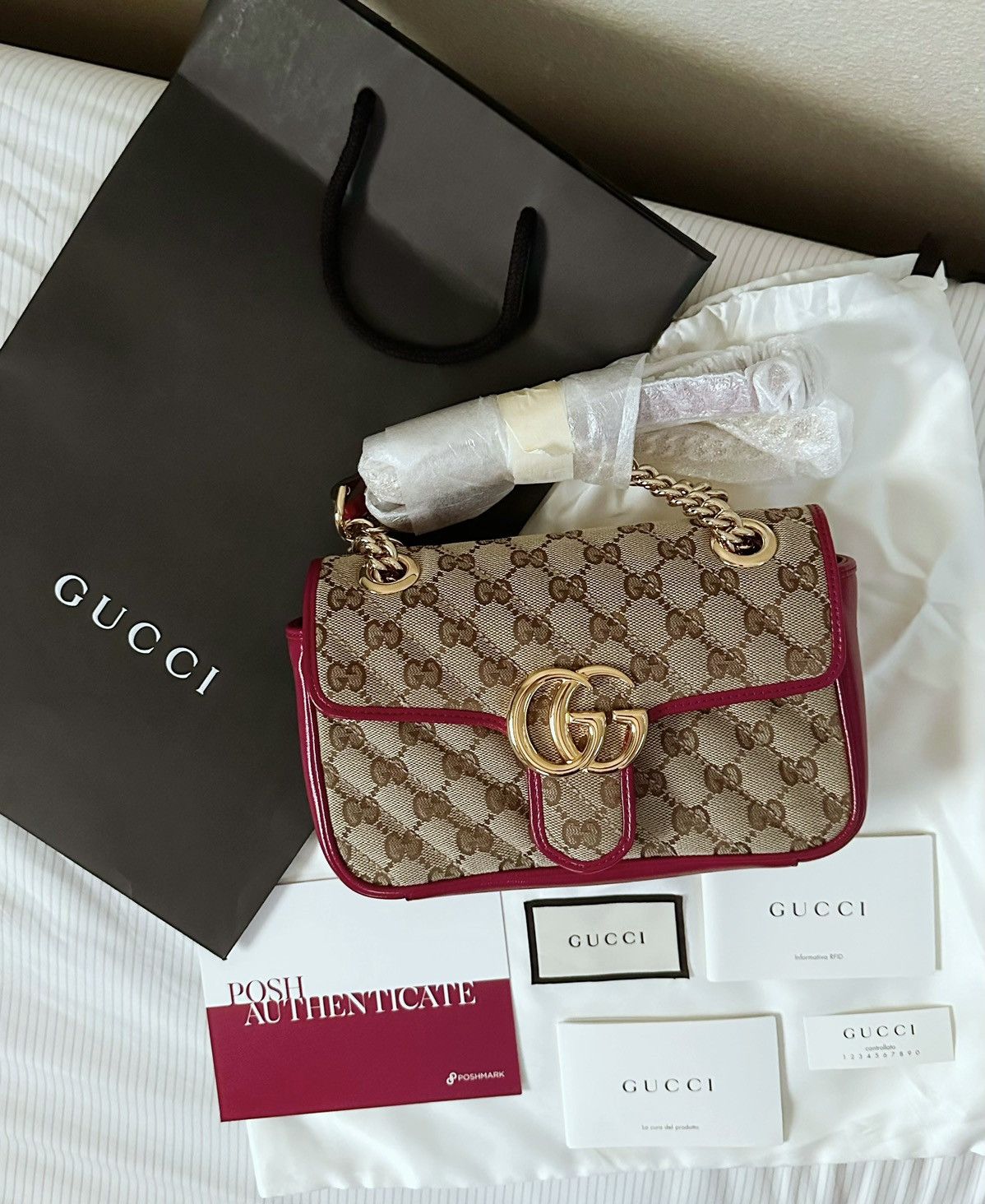 image of New! Gucci Marmont Mini Flap Closure Canvas in Red, Women's