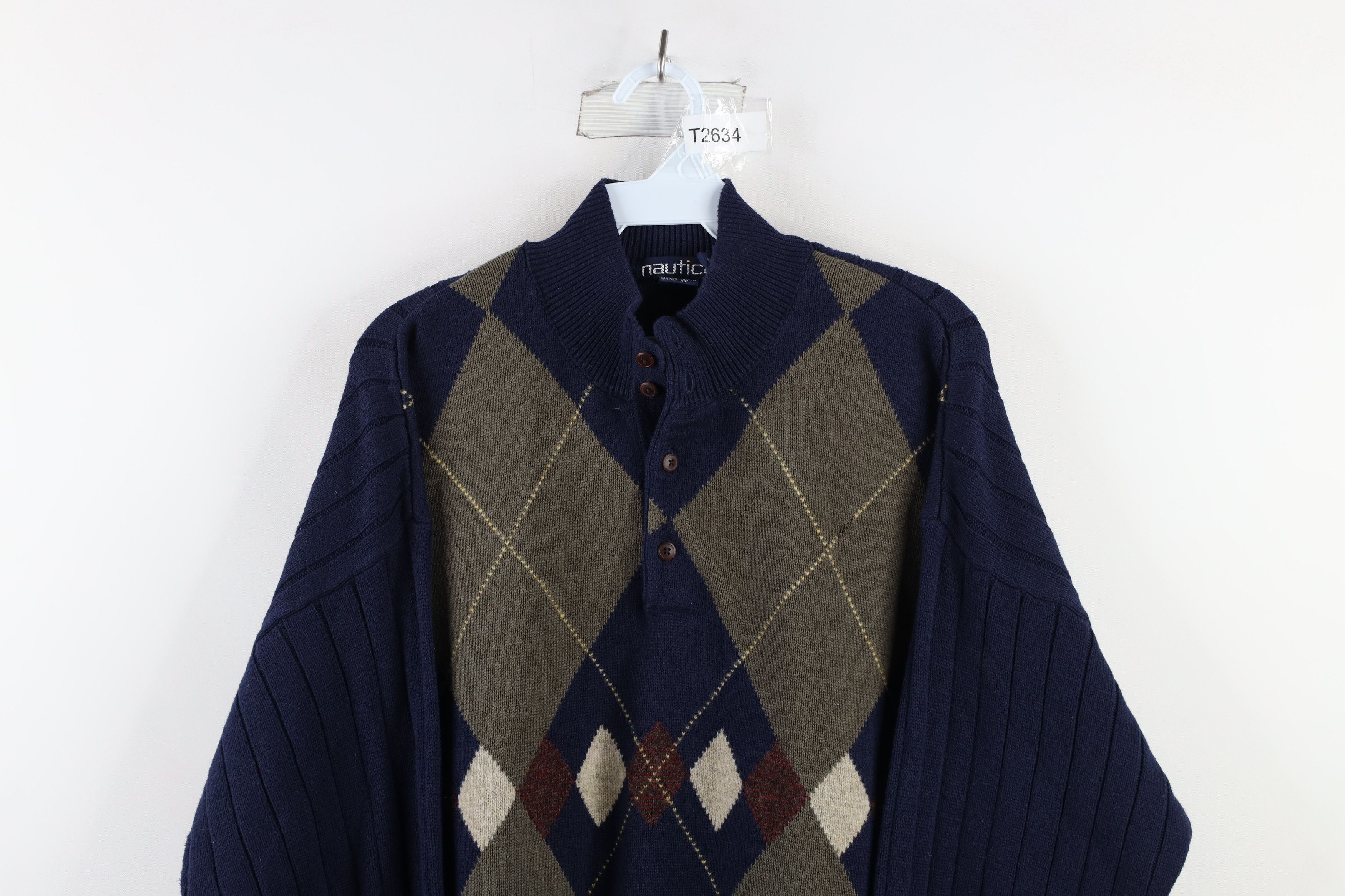 Nautica Vintage 90s Nautica Diamond Knit Henley Sweater Cotton Size US XL / EU 56 / 4 - 2 Thumbnail