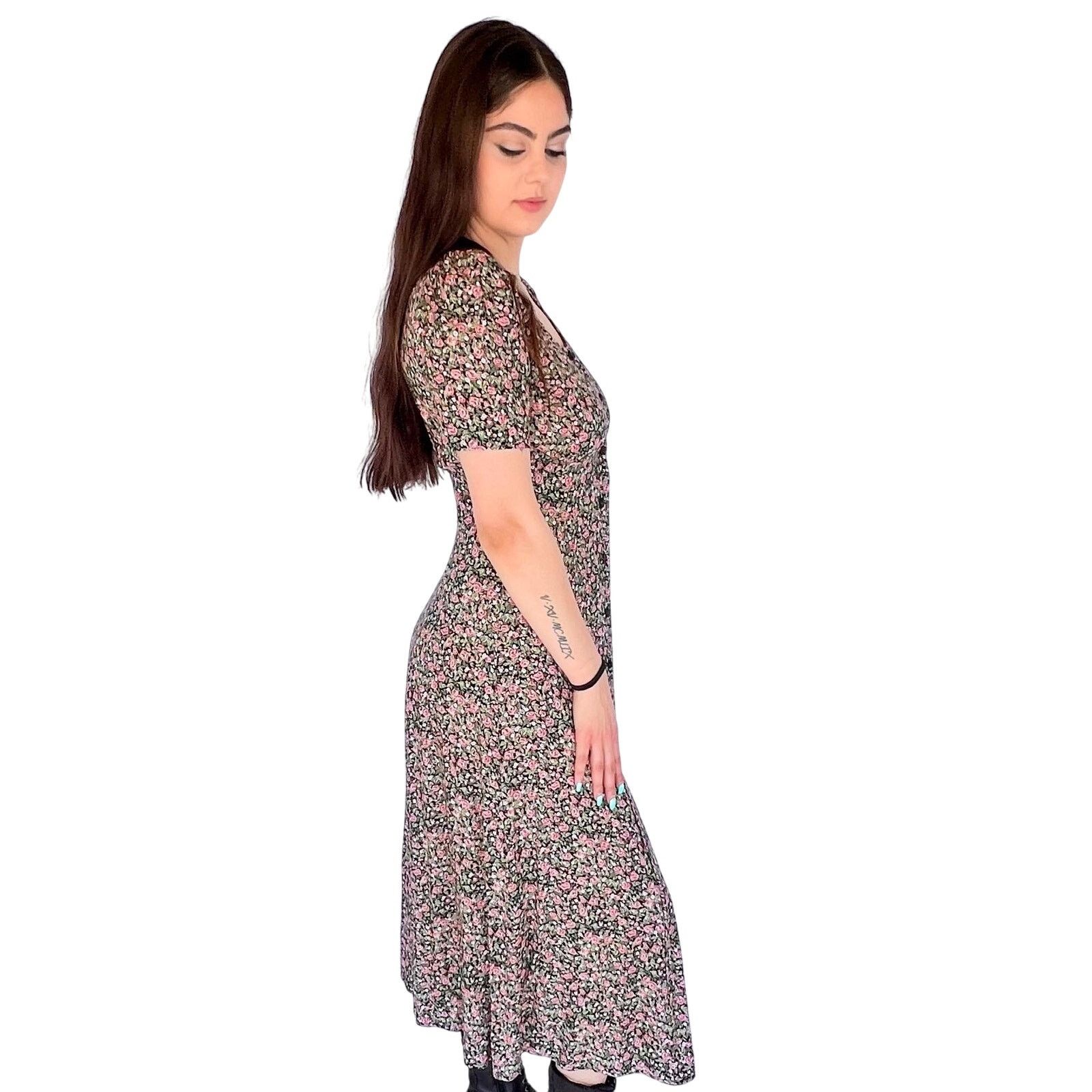 Vintage VTG 90s Floral Cottagecore Midi Dress Puff Sleeve 5/6 Size M / US 6-8 / IT 42-44 - 4 Thumbnail