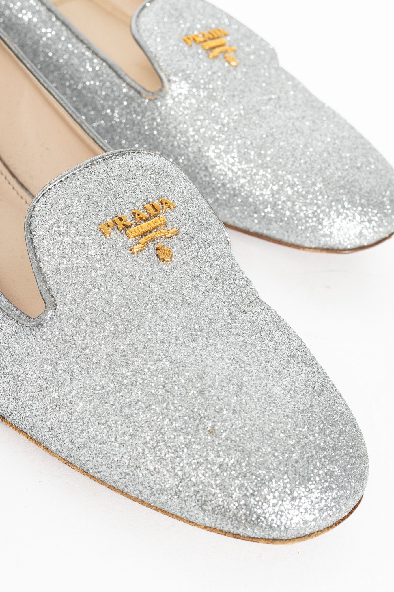 Prada Prada Argento Glitter Logo Hidden-Wedge Loafers Size US 9.5 / IT 39.5 - 7 Thumbnail