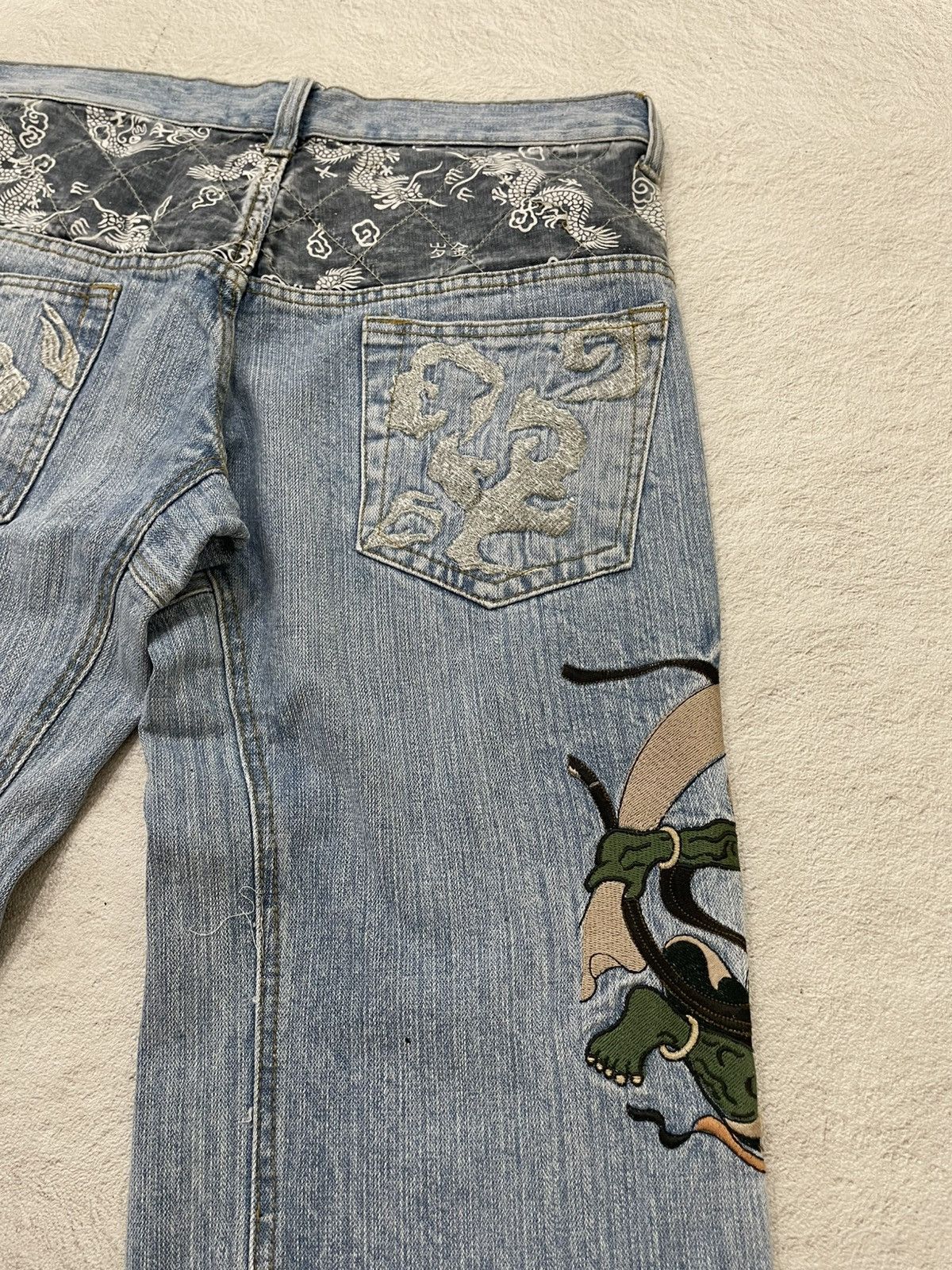 Japanese Brand Kara Kuri Japanes Embroidered Denim Y2K Oni Raijin Patchwork Size US 33 - 9 Thumbnail