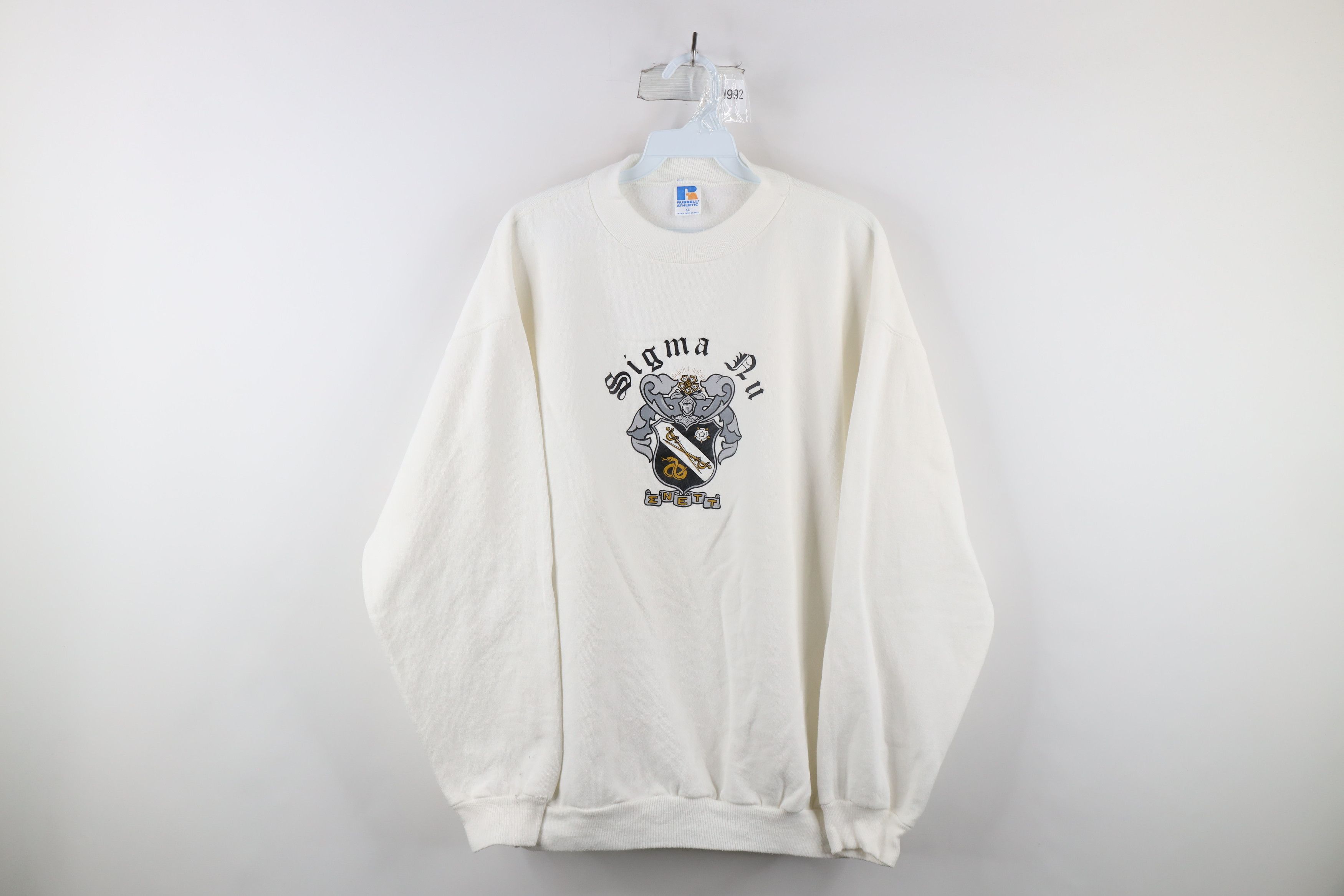 Image of Vintage 90's Russell Athletic Nu Fraternity Sweatshirt Usa in White, Men's (Size XL)