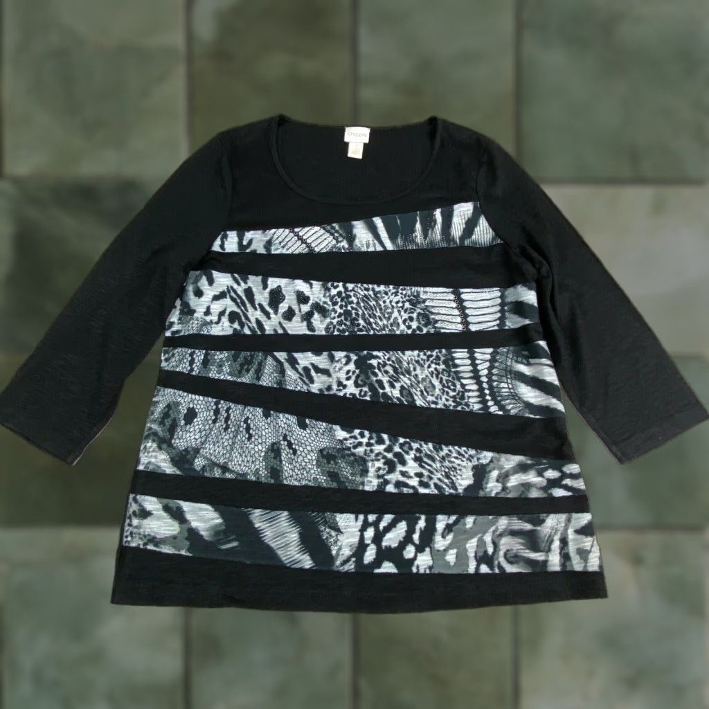 Vintage Chico's Women's Small Black Snakeskin Print 3/4 Sleeve Animal Print T-Shirt Size S / US 4 / IT 40 - 1 Thumbnail