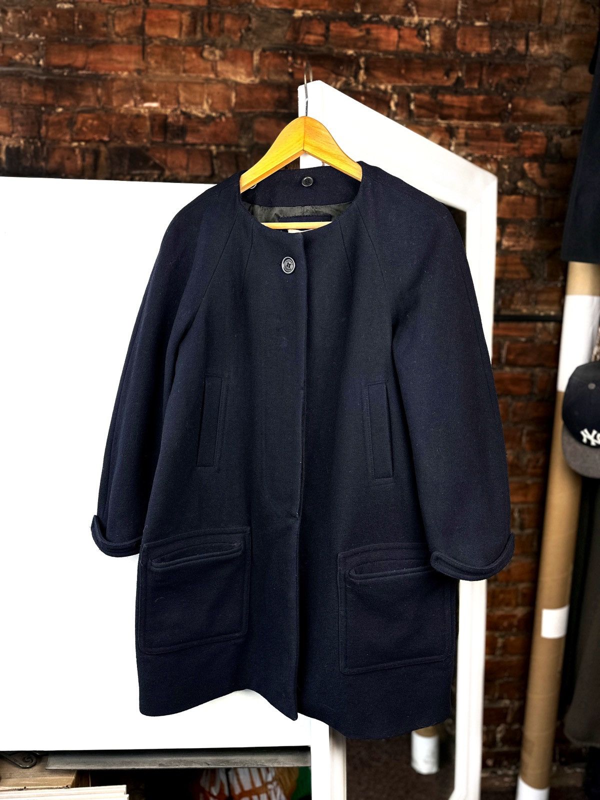 Sandro SANDRO Paris Navy Blue Wool Blend A-Line Collarless Coat Size M / US 6-8 / IT 42-44 - 1 Thumbnail