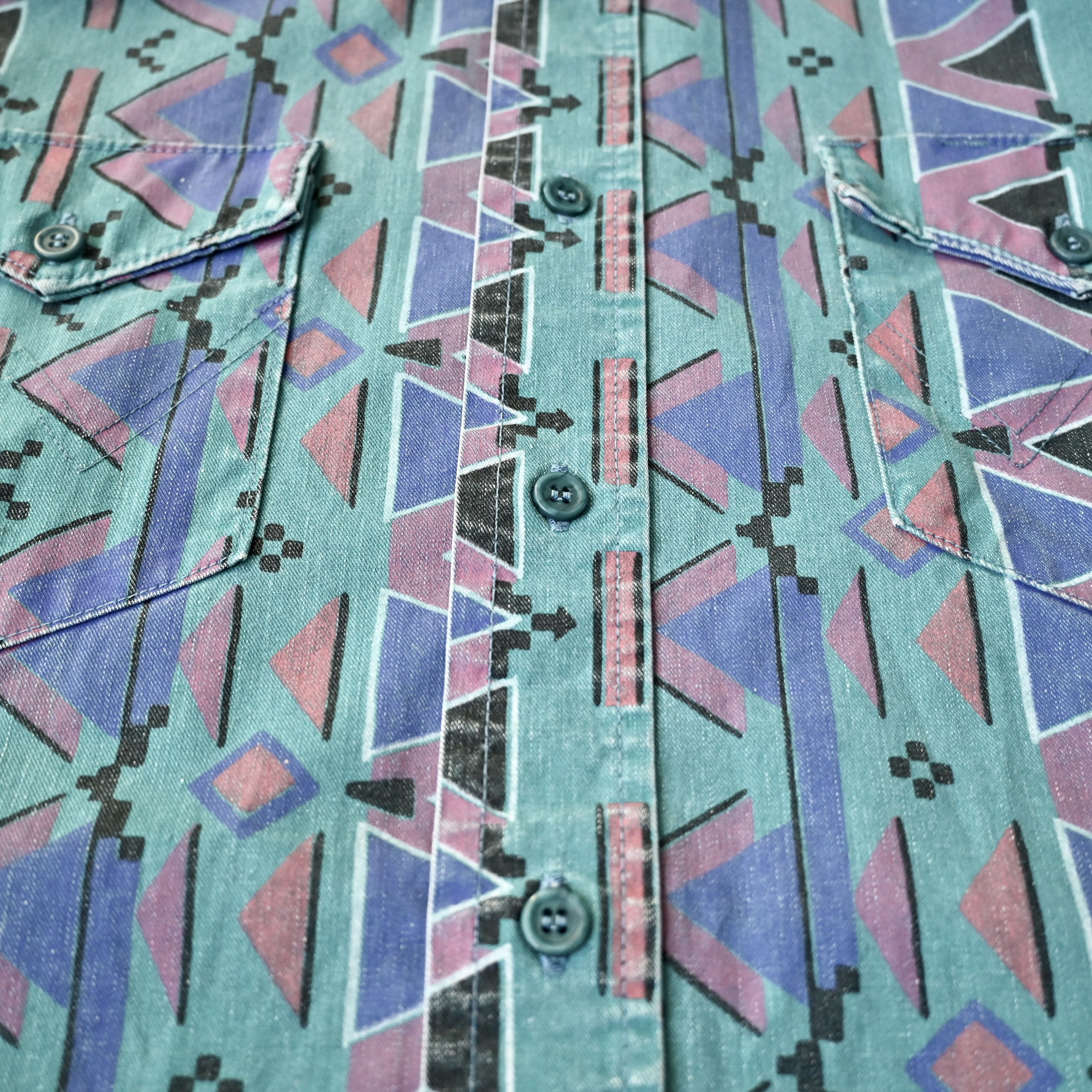 Vintage VTG 90s Wrangler Brushpopper shirt Aztec Navajo teal 17.5-35 Size US XL / EU 56 / 4 - 10 Thumbnail