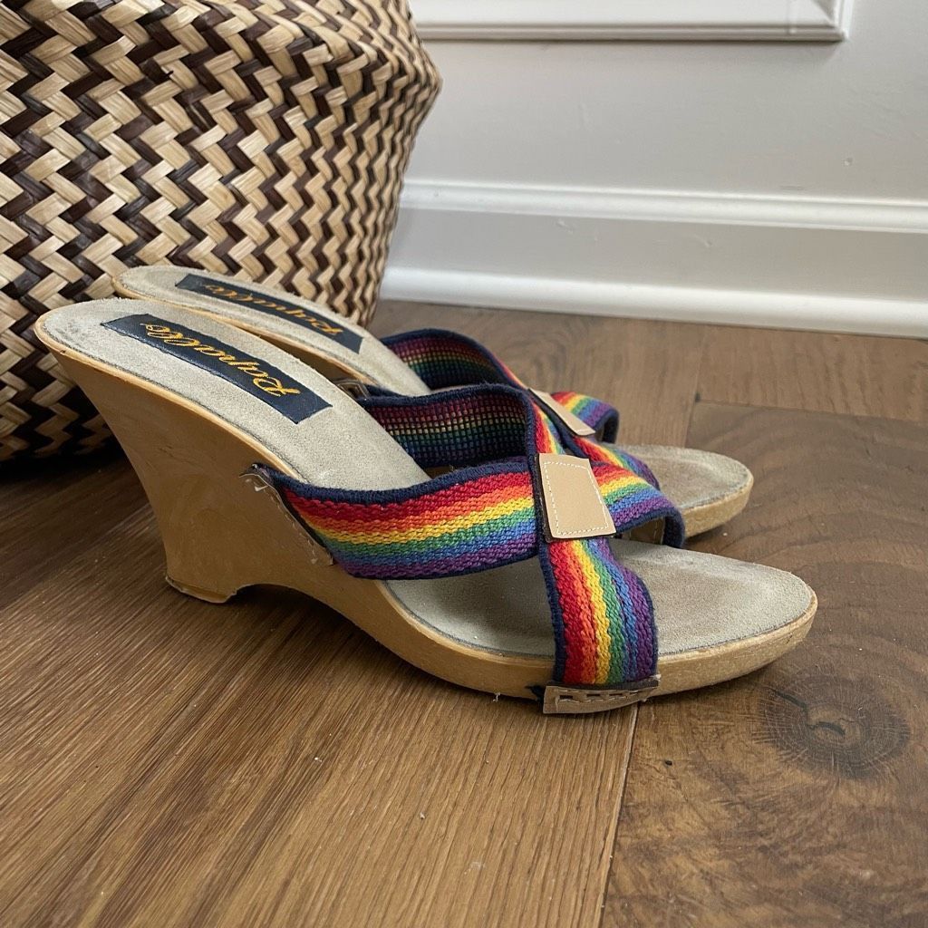 Vintage Vintage 70s 80s Rapallo Rainbow Wedge Mules Heels 7 38 Size US 7 / IT 37 - 2 Thumbnail