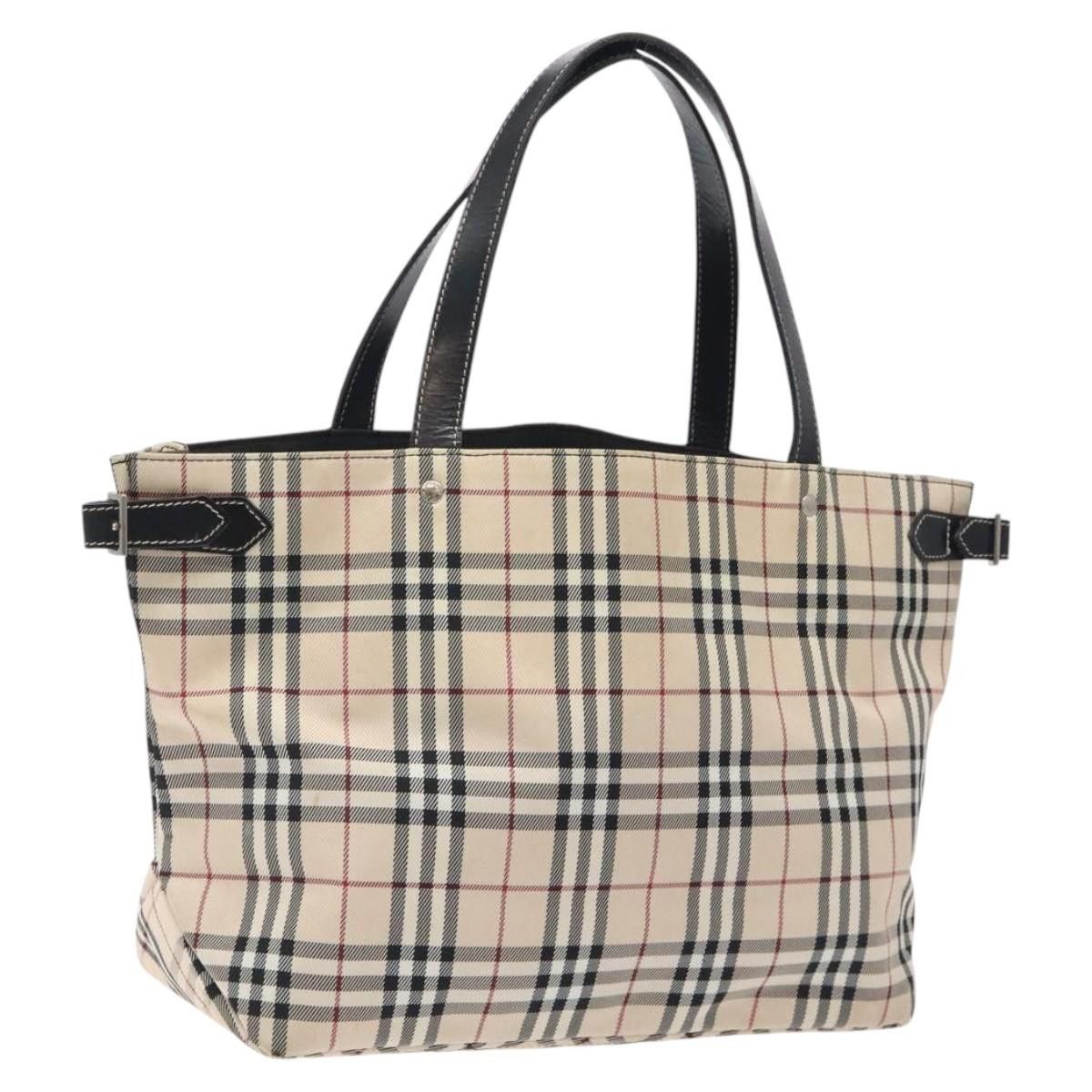 BURBERRY Nova Check Blue Label Tote Bag Nylon Beige Silver Auth kk473