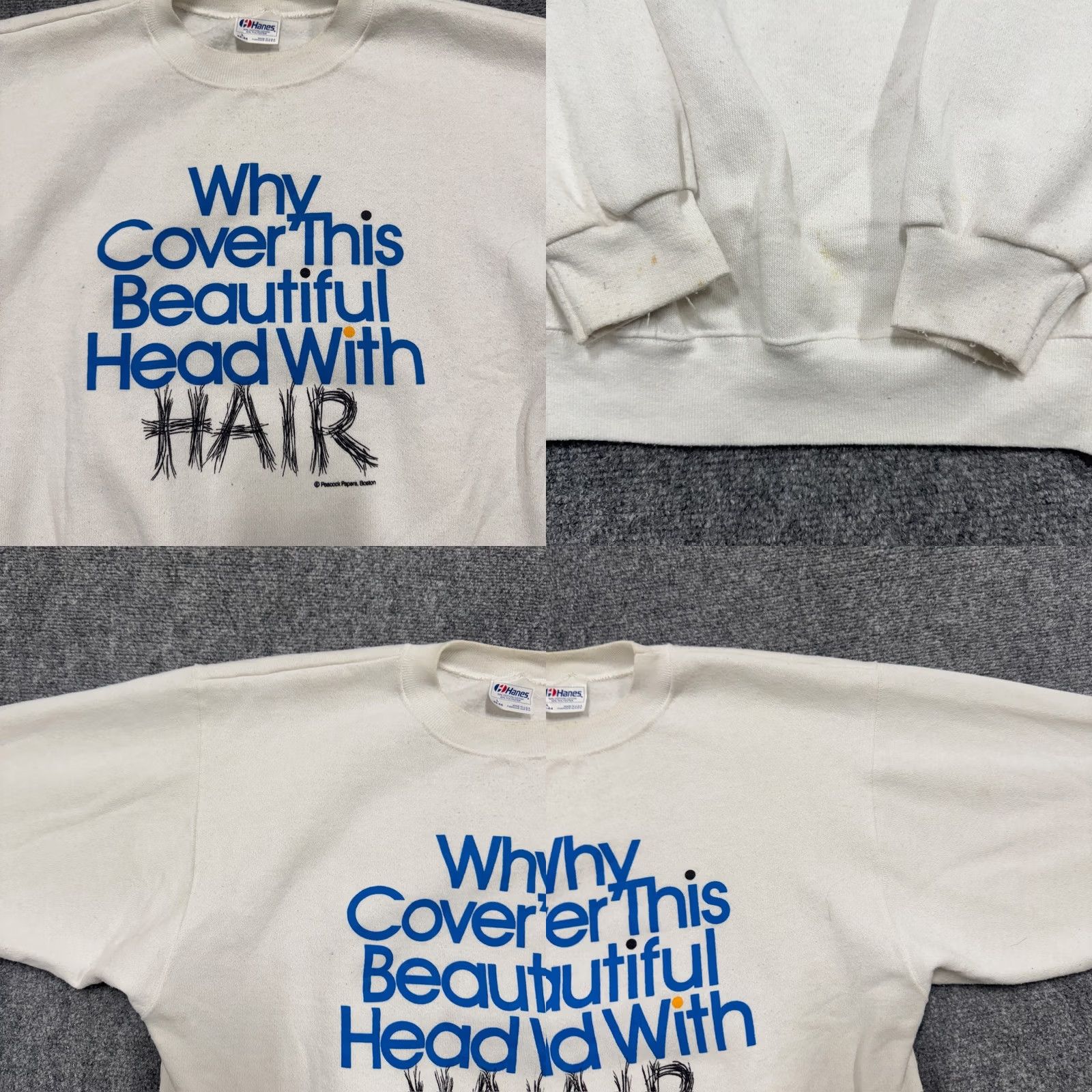 Hanes VTG Hanes Sweatshirt Men Large White Cotton Blend Pullover Distressed Hair Cover Beautiful Head With Hair FX Size US L / EU 52-54 / 3 - 8 Thumbnail