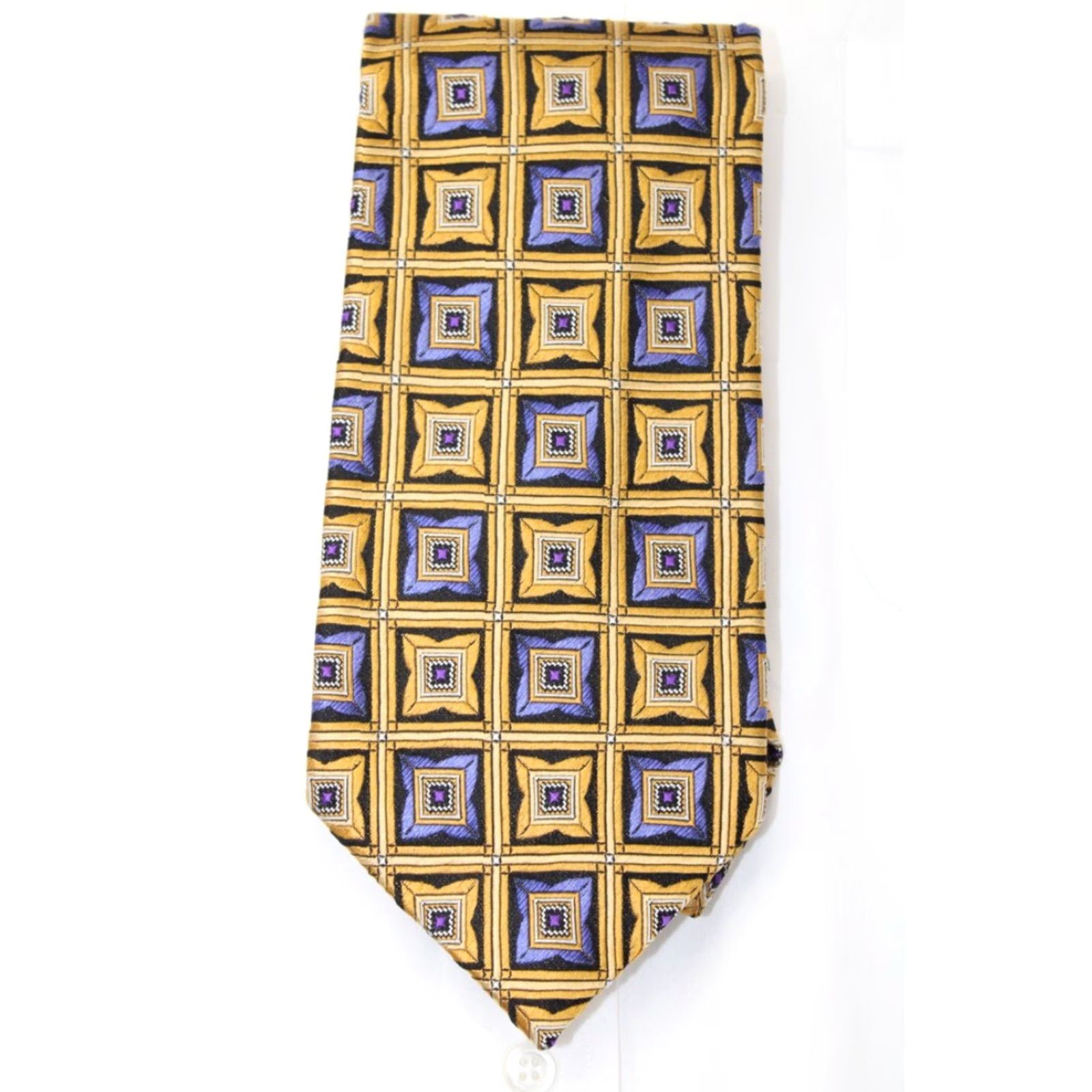 Vintage J Z Richards Silk Necktie Men's Yellow Gold Blue Squares Tie Handmade USA Size ONE SIZE - 2 Thumbnail
