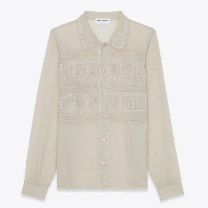 Saint Laurent Paris o1b1hav110525 715690 Pleated Shirt in Silk Crepe in Beige Size US L / EU 52-54 / 3 - 1 Thumbnail