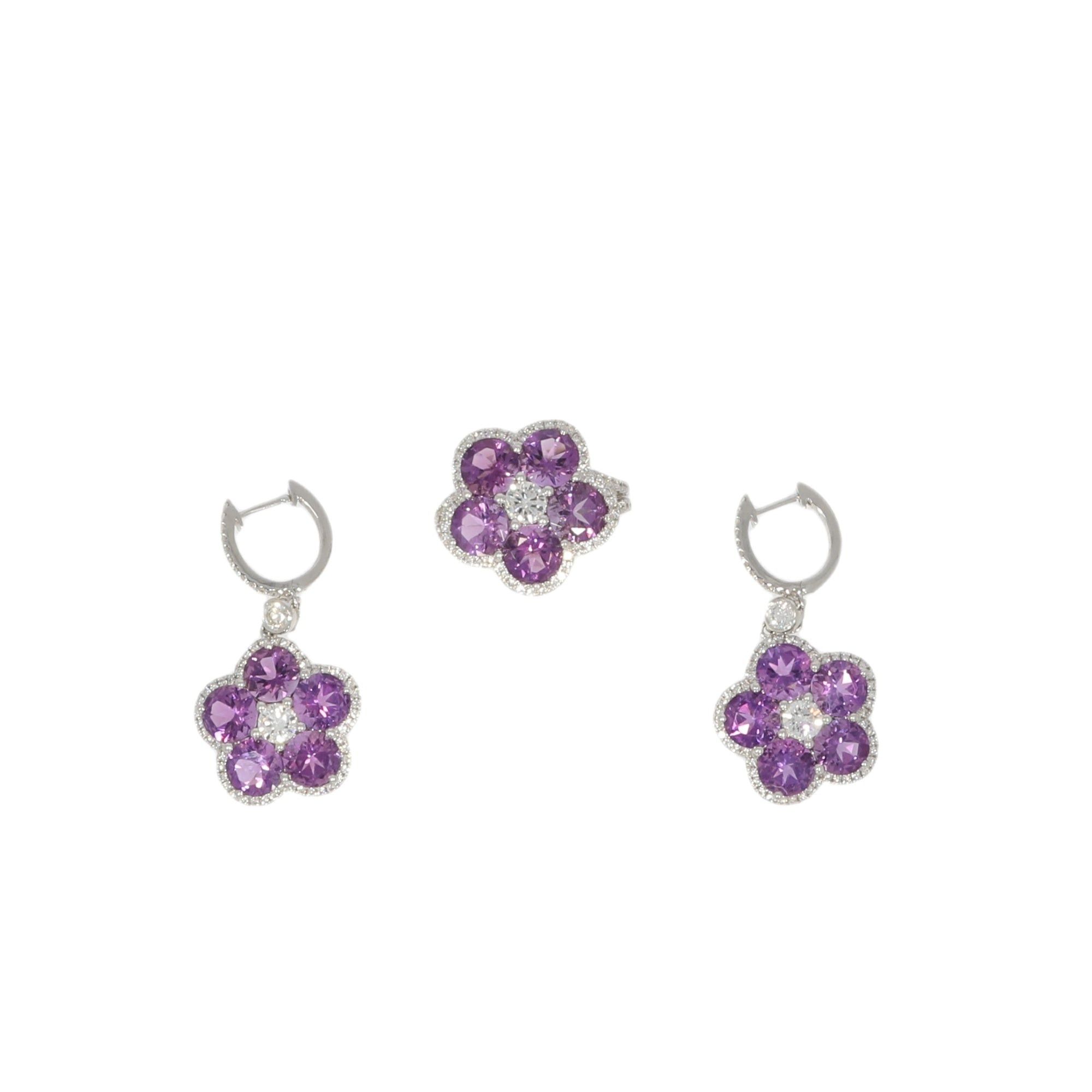 image of Vintage Earrings And Ring Parure In 750 White Gold Set With Amethysts Enhanced With Brilliant-Cut D