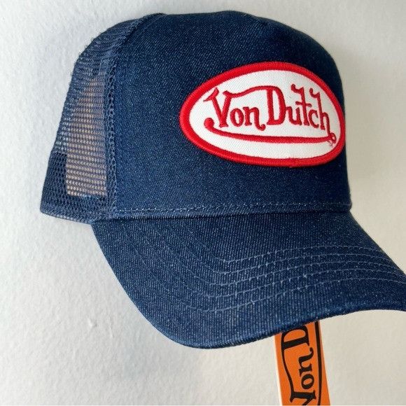 Designer × Von Dutch NWT VON DUTCH DARK DENIM RED & WHITE PATCH TRUCKER HAT Size ONE SIZE - 2 Thumbnail