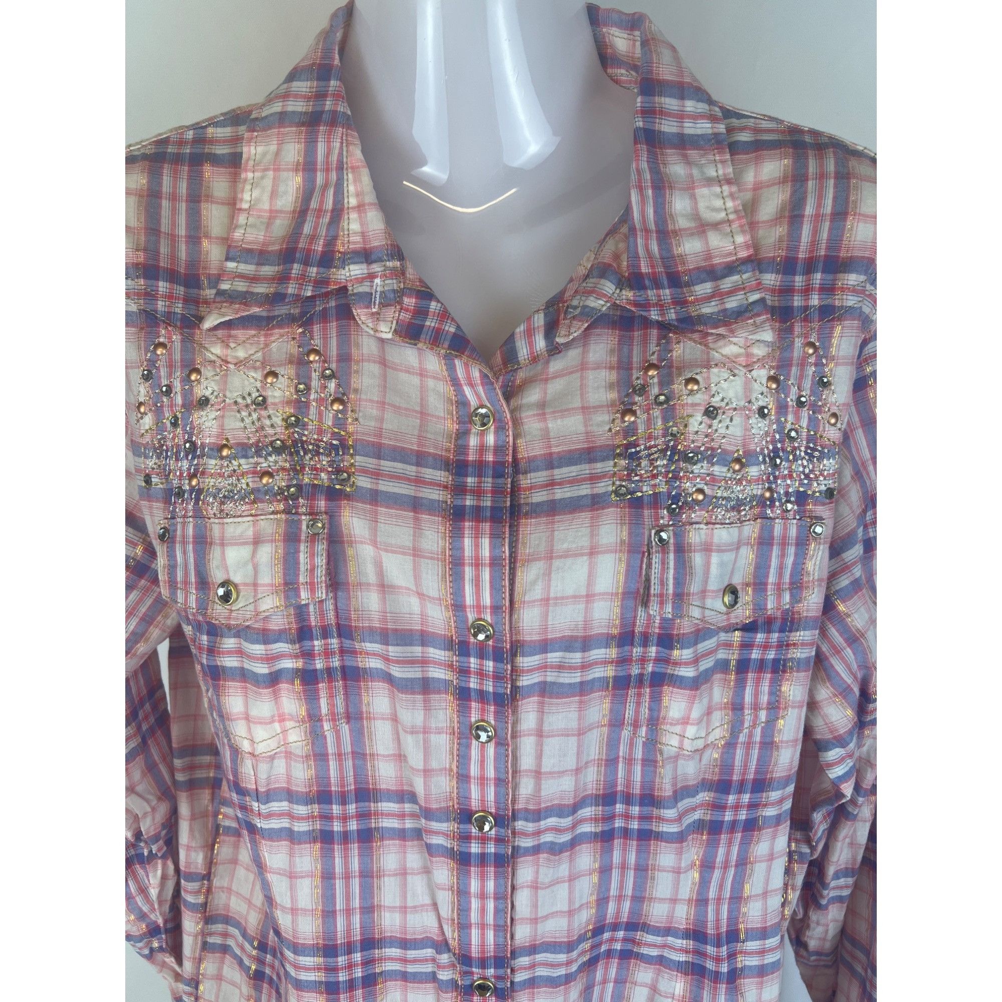 Wrangler Rock 47 By Wrangler Pink & Purple Plaid Long Sleeve Western Size L / US 10 / IT 46 - 4 Thumbnail