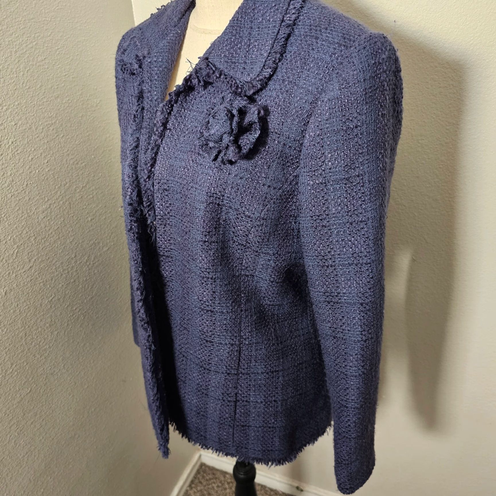 Vintage Alfred Dunner Blazer Women's 14 Blue Rose Accent Lightweight Lined Knit Size XL / US 12-14 / IT 48-50 - 2 Thumbnail