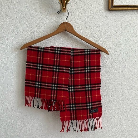 Burberry × Vintage VTG Burberrys Check Cashmere Lambswool Red Plaid Scarf in Cu Size ONE SIZE - 2 Thumbnail