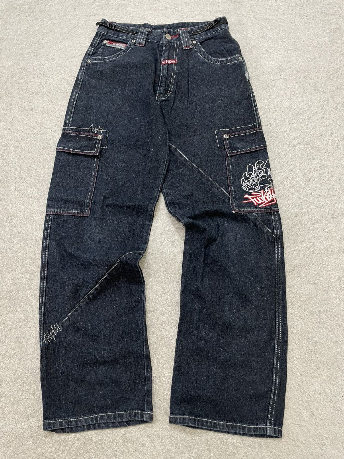 Japanese Brand 00s Funky Raw Denim Japanese Street Embroudered Cargo Jeans Size US 28 / EU 44 - 1 Thumbnail