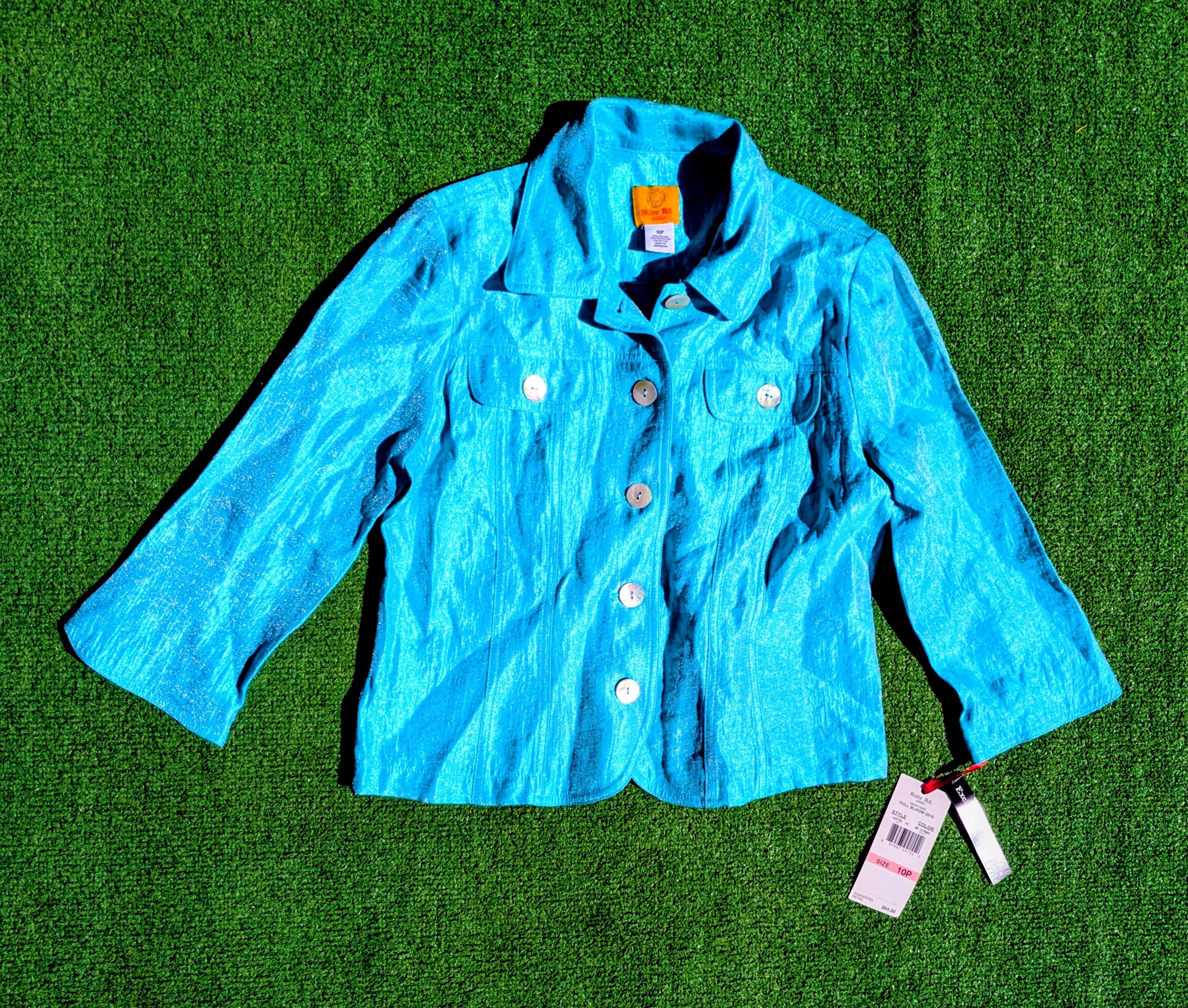Other Ruby Rd. Petite Shiny Aqua Blue 3/4-Sleeve Top Blouse Top Size L / US 10 / IT 46 - 5 Thumbnail