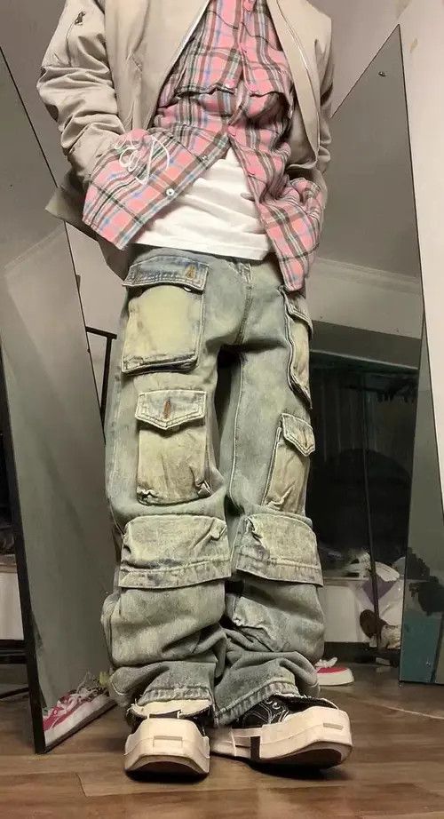 Jean Retro yellow mud-dyed washed distressed multi-pocket jeans Size US 34 / EU 50 - 2 Thumbnail