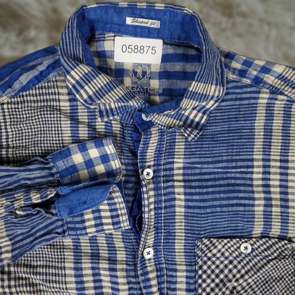BUGATCHI VINTAGE Bugatchi Uomo Men's Shirt Small Blue Plaid Linen Long Sleeve Button Up Business Casual Formal Wedding Men Size US S / EU 44-46 / 1 - 1 Thumbnail