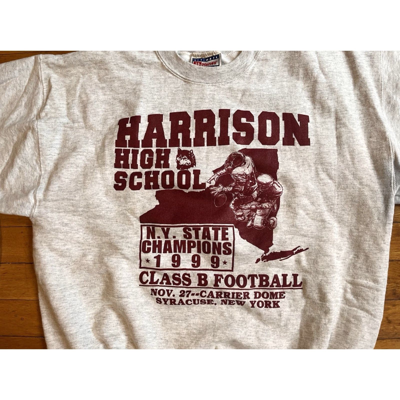 Hanes VINTAGE Hanes Sweatshirt Men’s M Grey 1999 NY Football Champions Harrison High School 90s Graphic Print Pullover Crew Neck Size US M / EU 48-50 / 2 - 4 Thumbnail