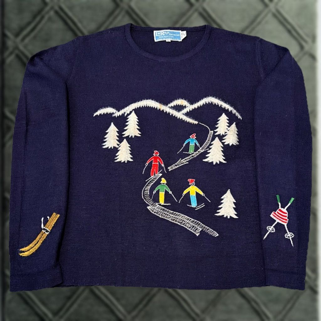 Vintage VINTAGE Leroy Knitwear Ski Graphic Embroidered Acrylic Knitwear Size Large USA Made Blue Mens 1980s Sportswear Size US L / EU 52-54 / 3 - 1 Thumbnail