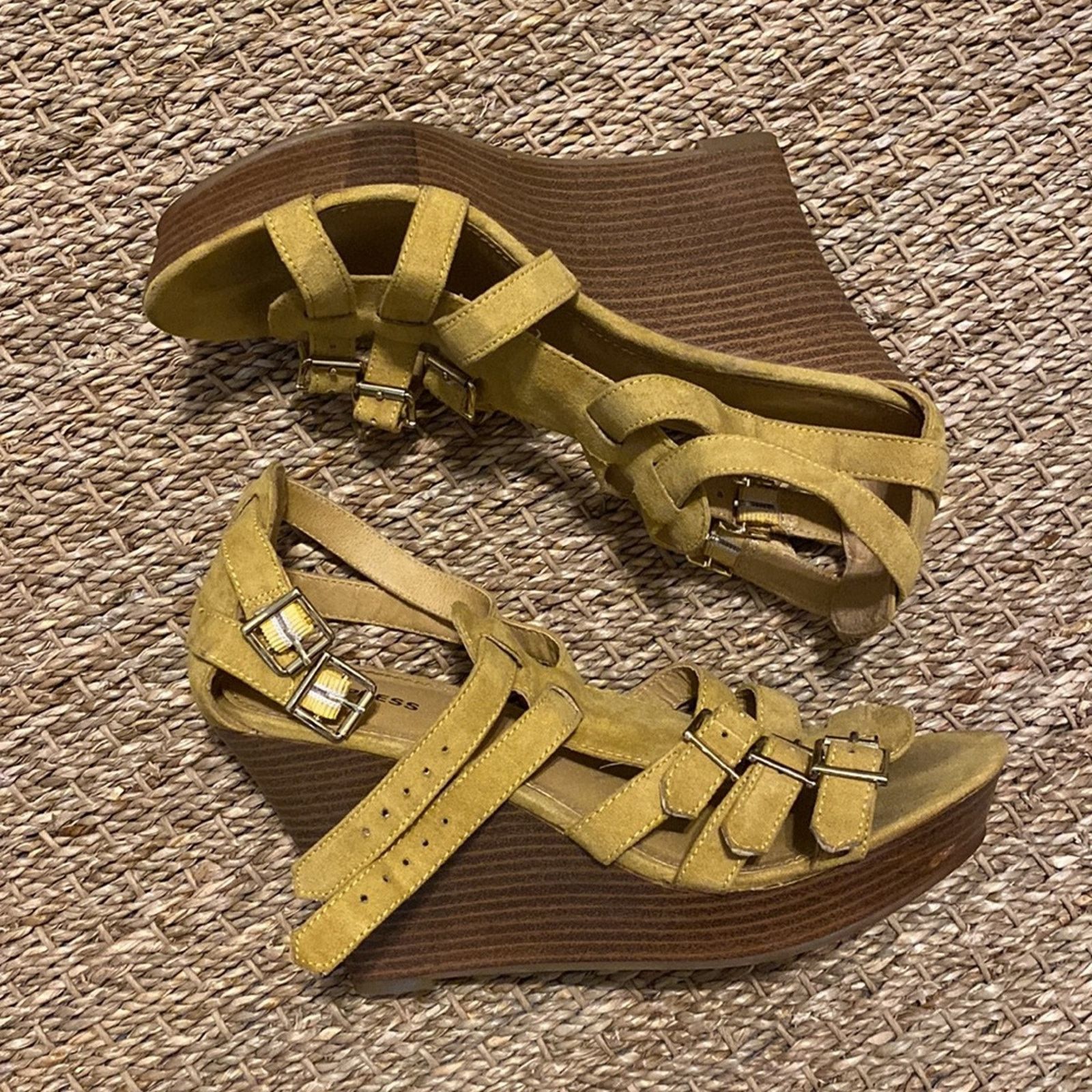 Express Multi strap & buckles, suede ochre color wedge heel size 7 Size US 7 / IT 37 - 4 Thumbnail