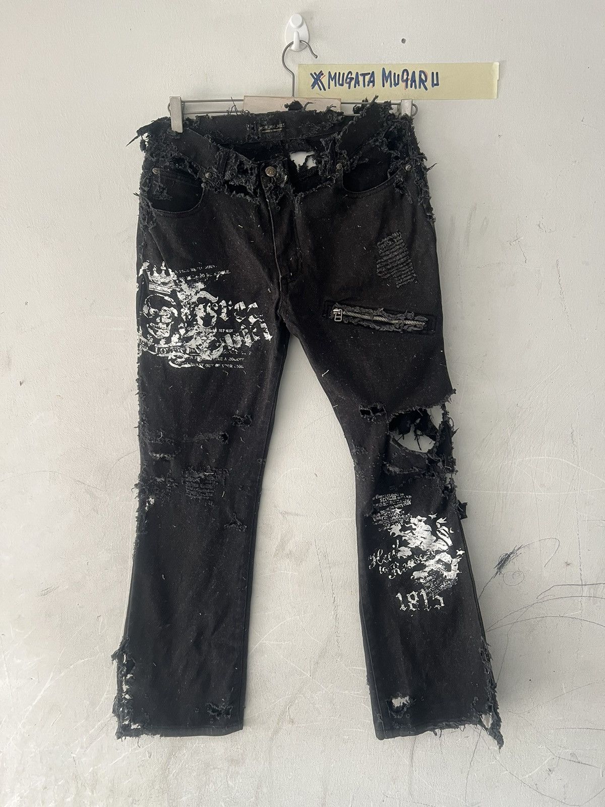 Japanese Brand MUGATAMUGARU🔥THRASHED FLARED BLACK DENIM Size US 30 / EU 46 - 1 Thumbnail