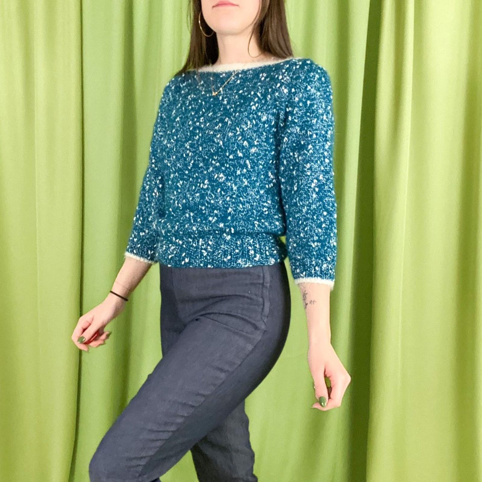 Vintage 80s Vintage Teal and White Boucle Knit Boat Neck Sweater Size S / US 4 / IT 40 - 3 Thumbnail