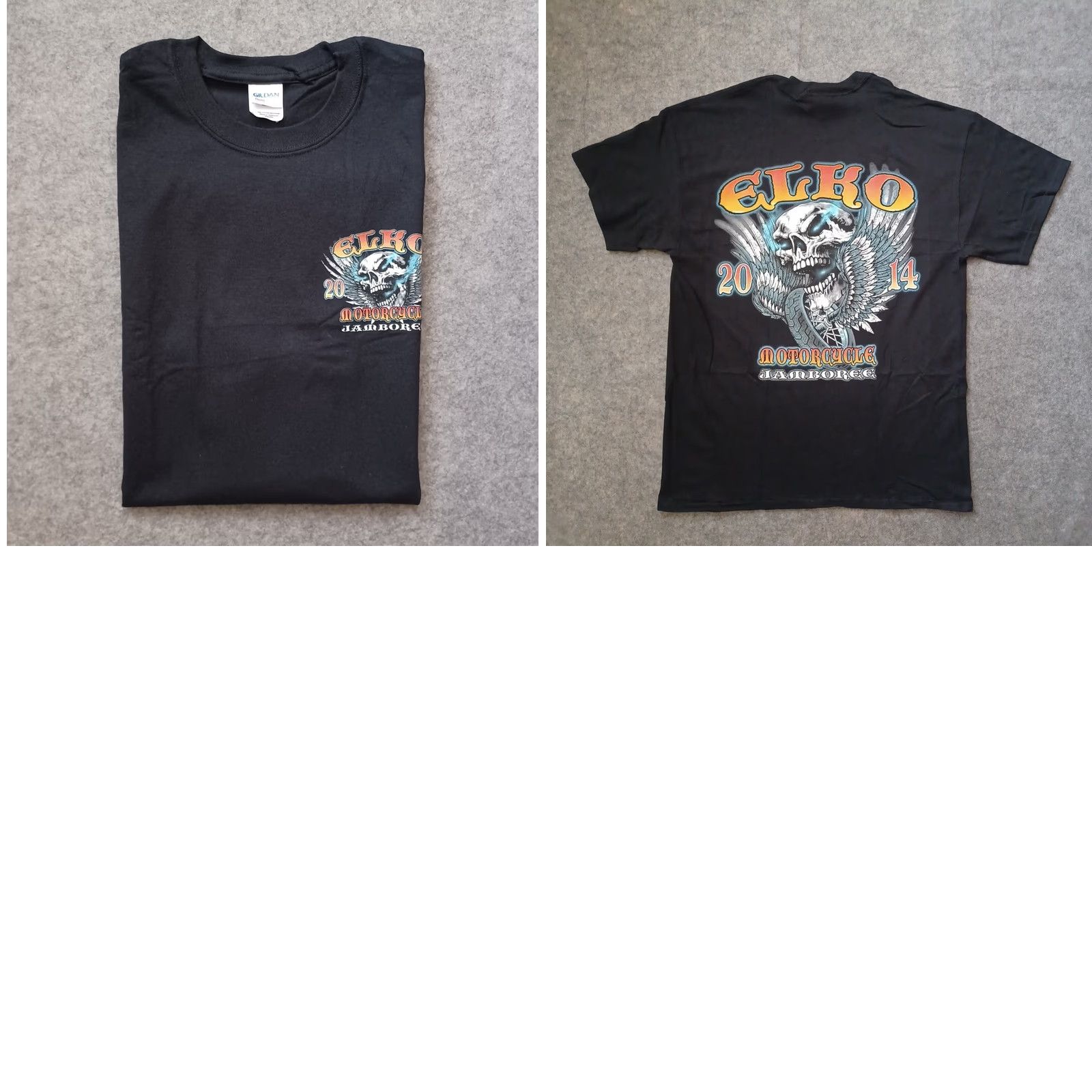 Gildan VINTAGE Elko Motorcycle Jamboree T Shirt Men Large Black Graphic Skull Short Sleeve 2014 Size US L / EU 52-54 / 3 - 9 Thumbnail