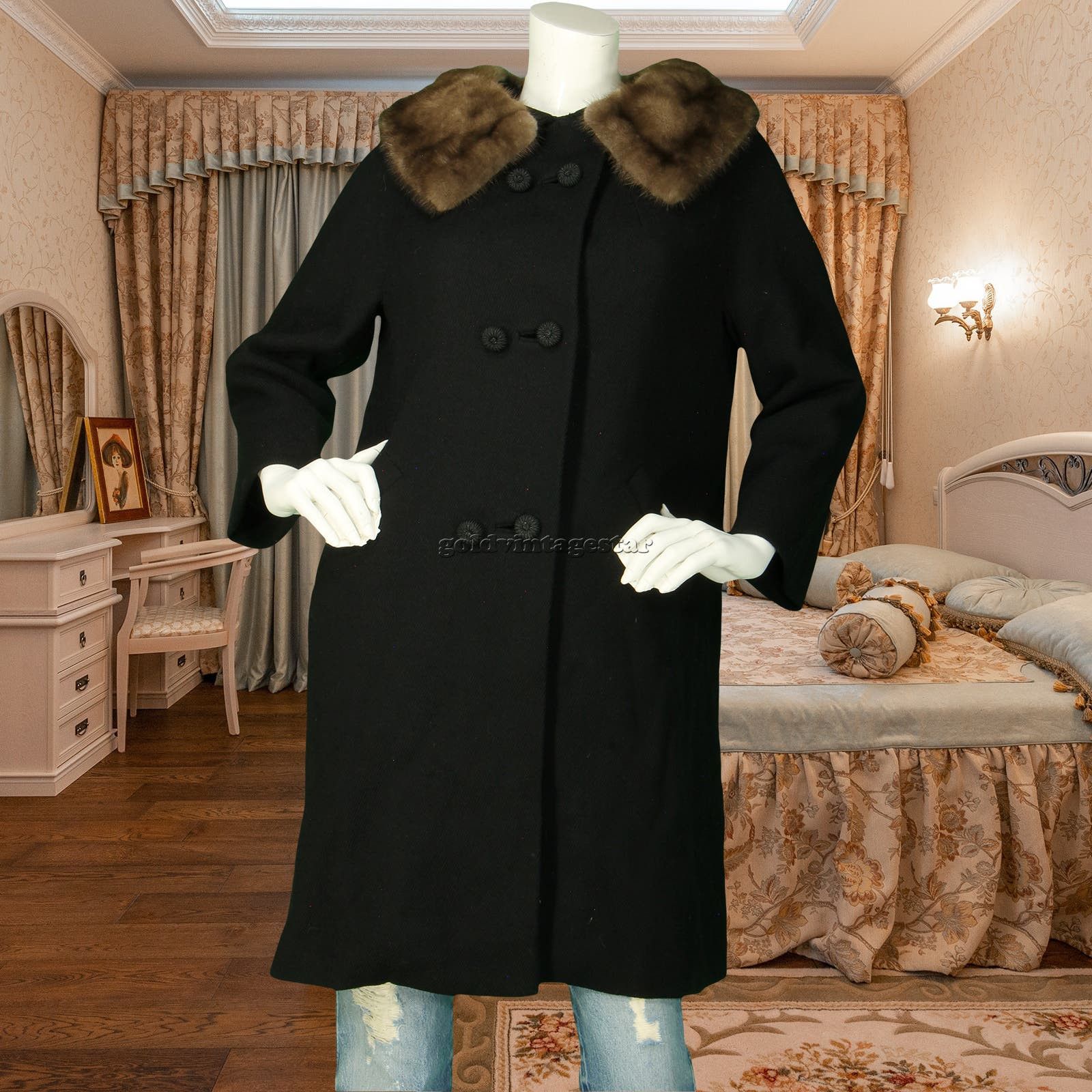 image of 50S Vintage Mink Rockabilly Pin Up Swing Princess Wool Coat in Black, Women's (Size Medium)