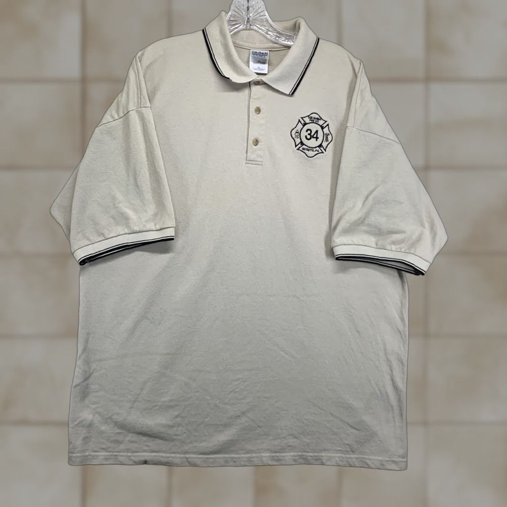 Gildan VINTAGE Gildan Polo Shirt Fire Department Fire Co. Roseto PA Men XL Beige Polo Shirt 100% Cotton Canvas Firefighter 90s/Fireman Golf Walking Mens Size US XL / EU 56 / 4 - 1 Thumbnail