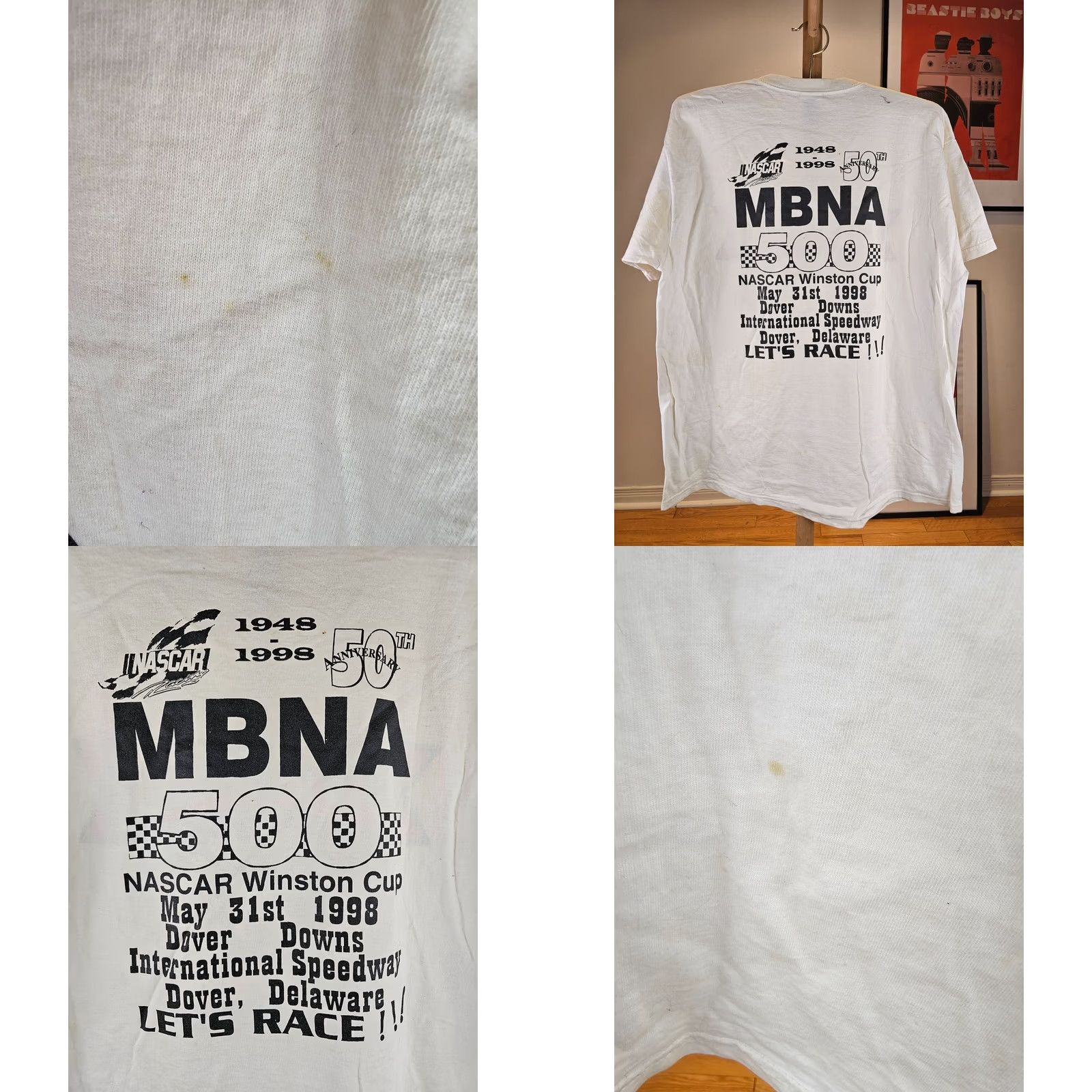 Fruit Of The Loom VINTAGE 98' 50TH ANNIVERSARY MBNA 500 NASCAR SINGLE STITCH WHITE T-SHIRT SZ XL Mens Shirt XL White 90s NASCAR Merch Size US XL / EU 56 / 4 - 9 Thumbnail