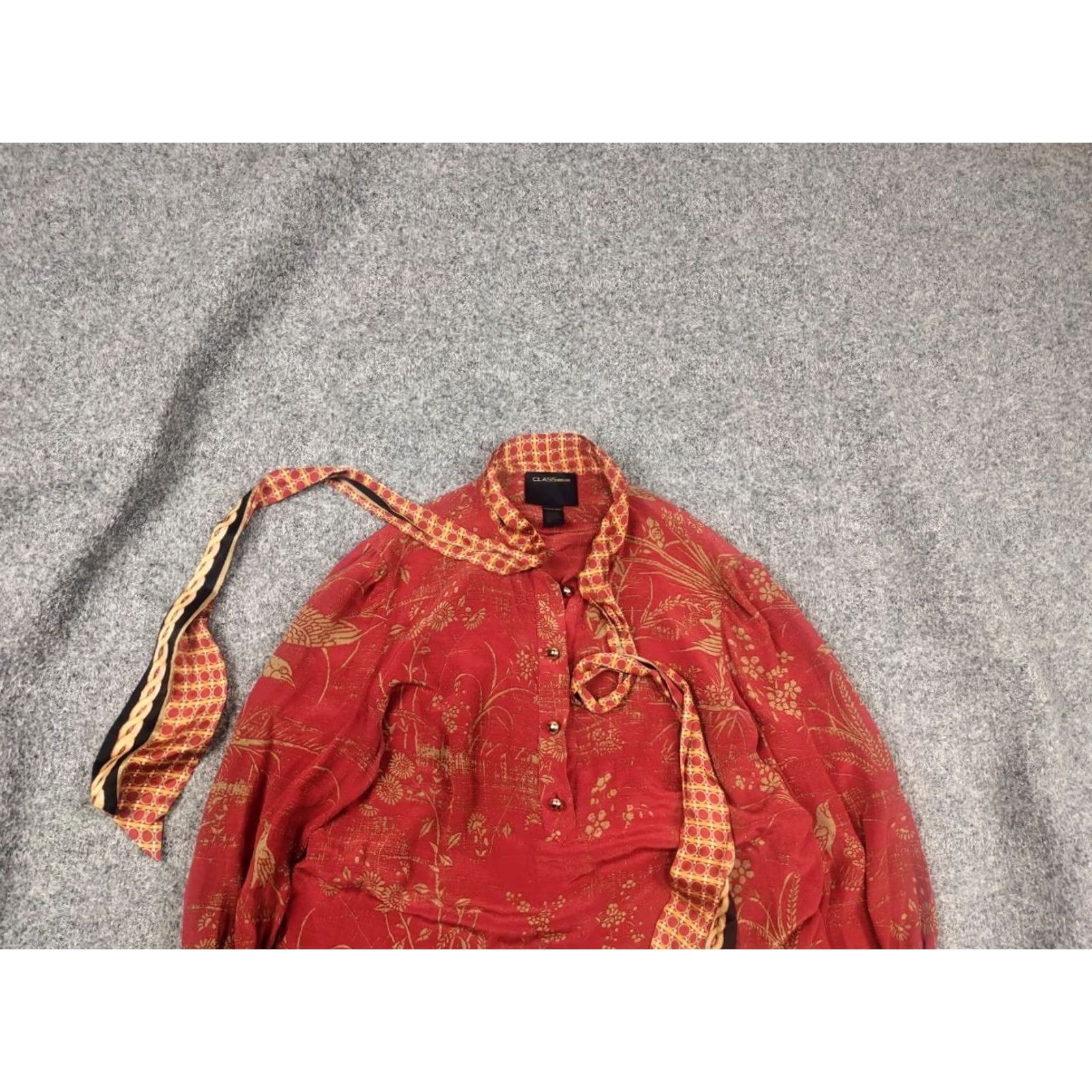 Roberto Cavalli Roberto Cavalli Silk Blouse XL Red Floral Pattern Collared Tie Long Sleeve - Womens - Silk - 90s City Designer Theme - Regular Fit - Dry Clean Only Size XL / US 12-14 / IT 48-50 - 2 Thumbnail