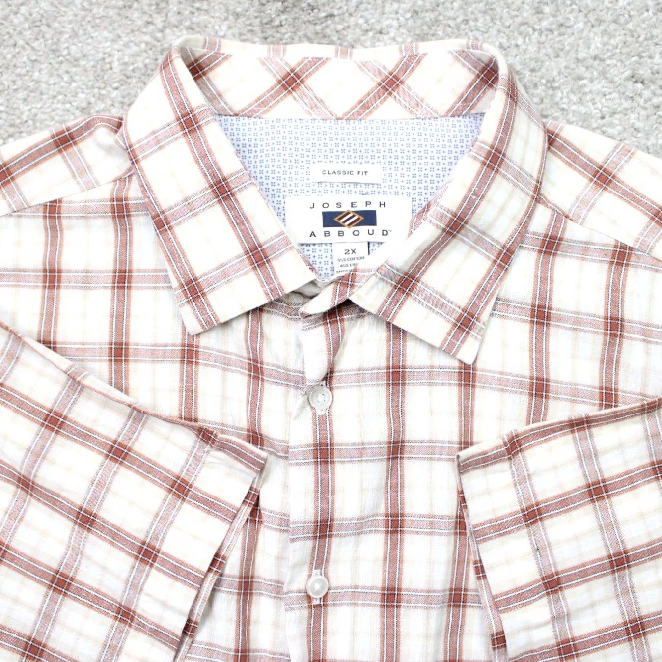 Joseph Abboud Joseph Abboud Shirt Mens 2XL Plaid Brown Beige Cotton Linen S/S Classic Fit Button-Up Summer Casual Business Mens Size US XXL / EU 58 / 5 - 2 Thumbnail